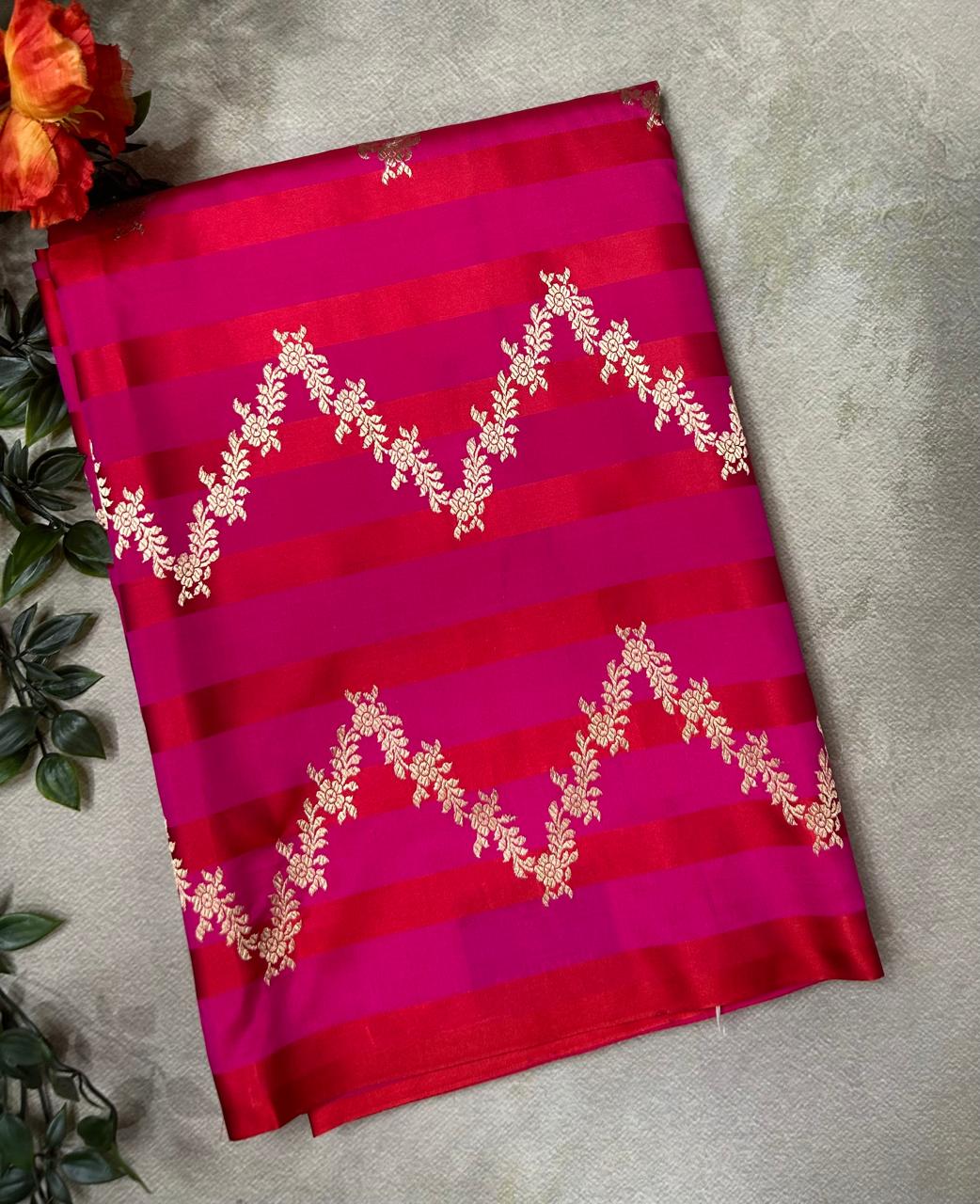 Red n pink stripes satin lightweight banarasi-10 silk saree