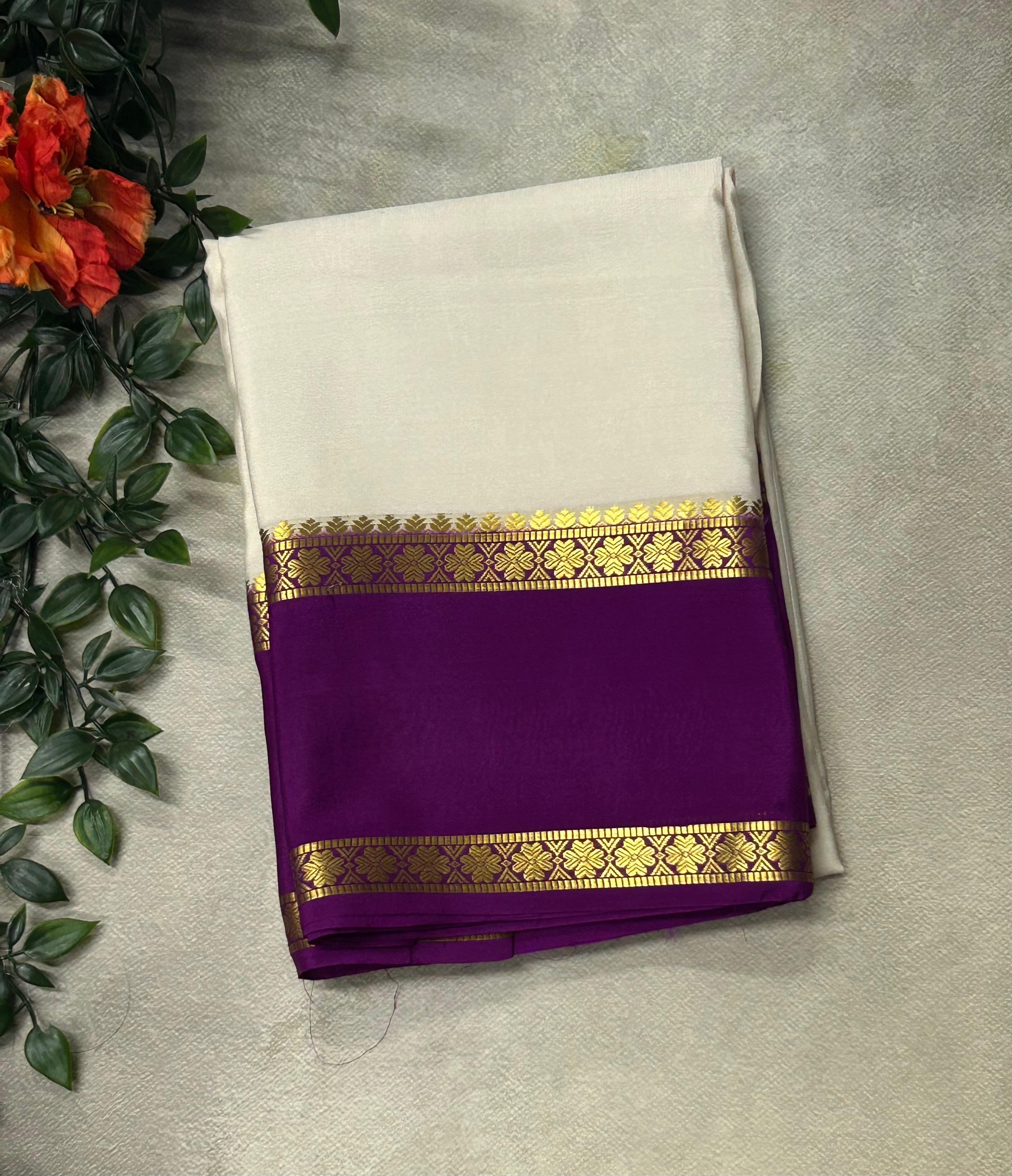 White n purple bentex Lightweight Pure Mysore Crepe Silk Saree – Elegant Soft Drape(MSL)
