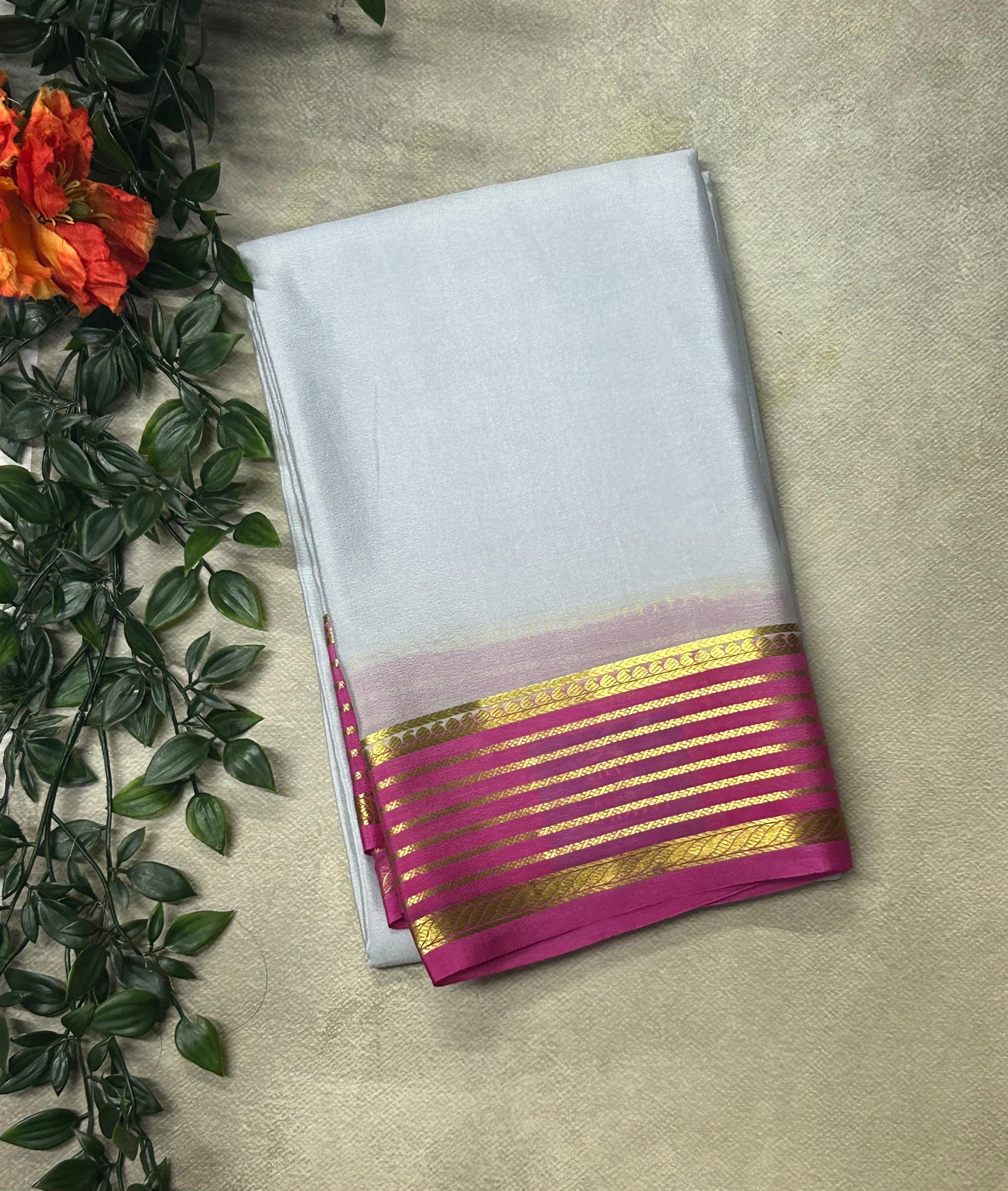 Light  grey Lightweight Pure Mysore Crepe Silk Saree – Elegant Soft Drape(MSL)