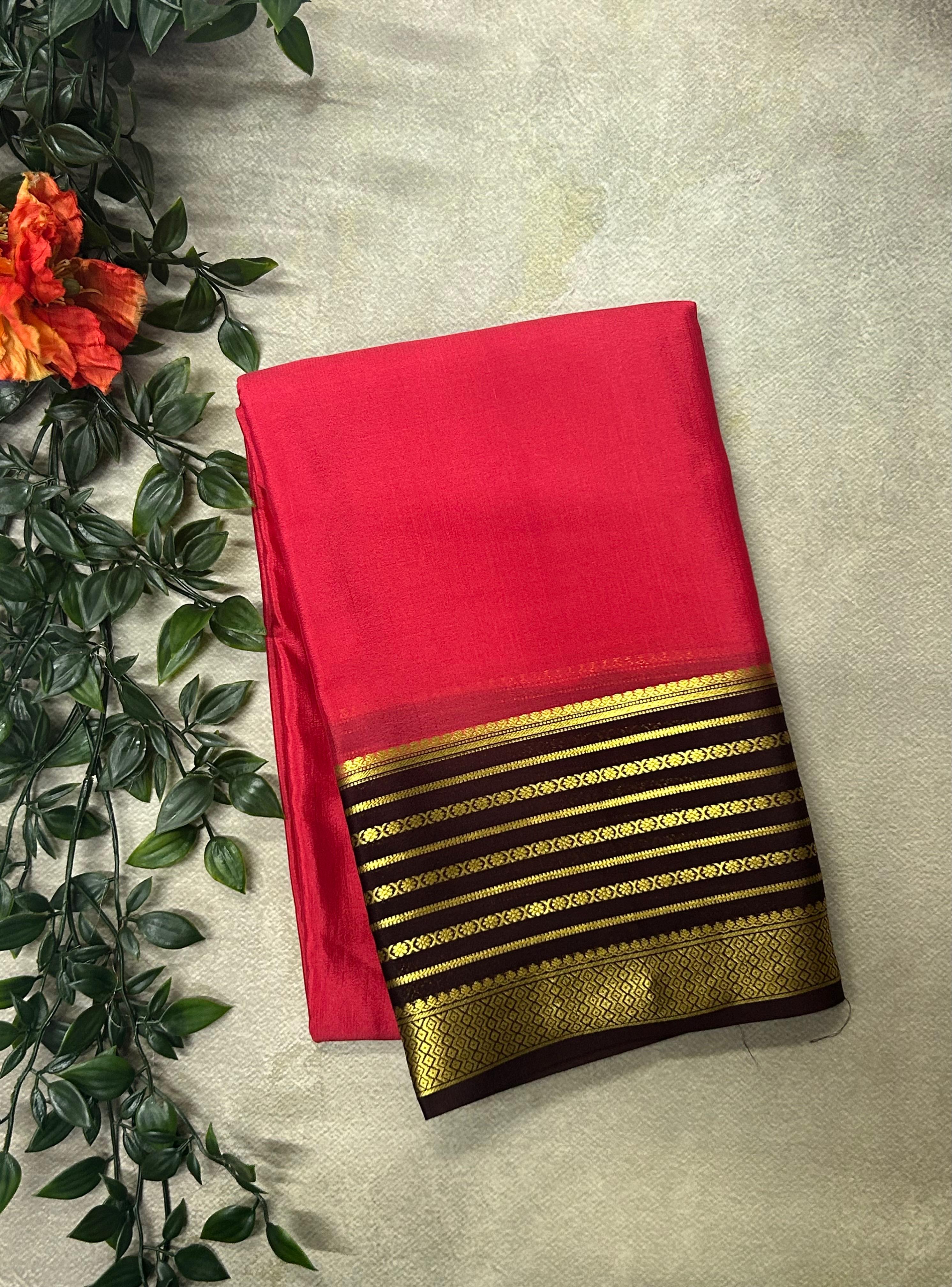 Light reddidh pink n stripes Lightweight Pure Mysore Crepe Silk Saree – Elegant Soft Drape(MSL)