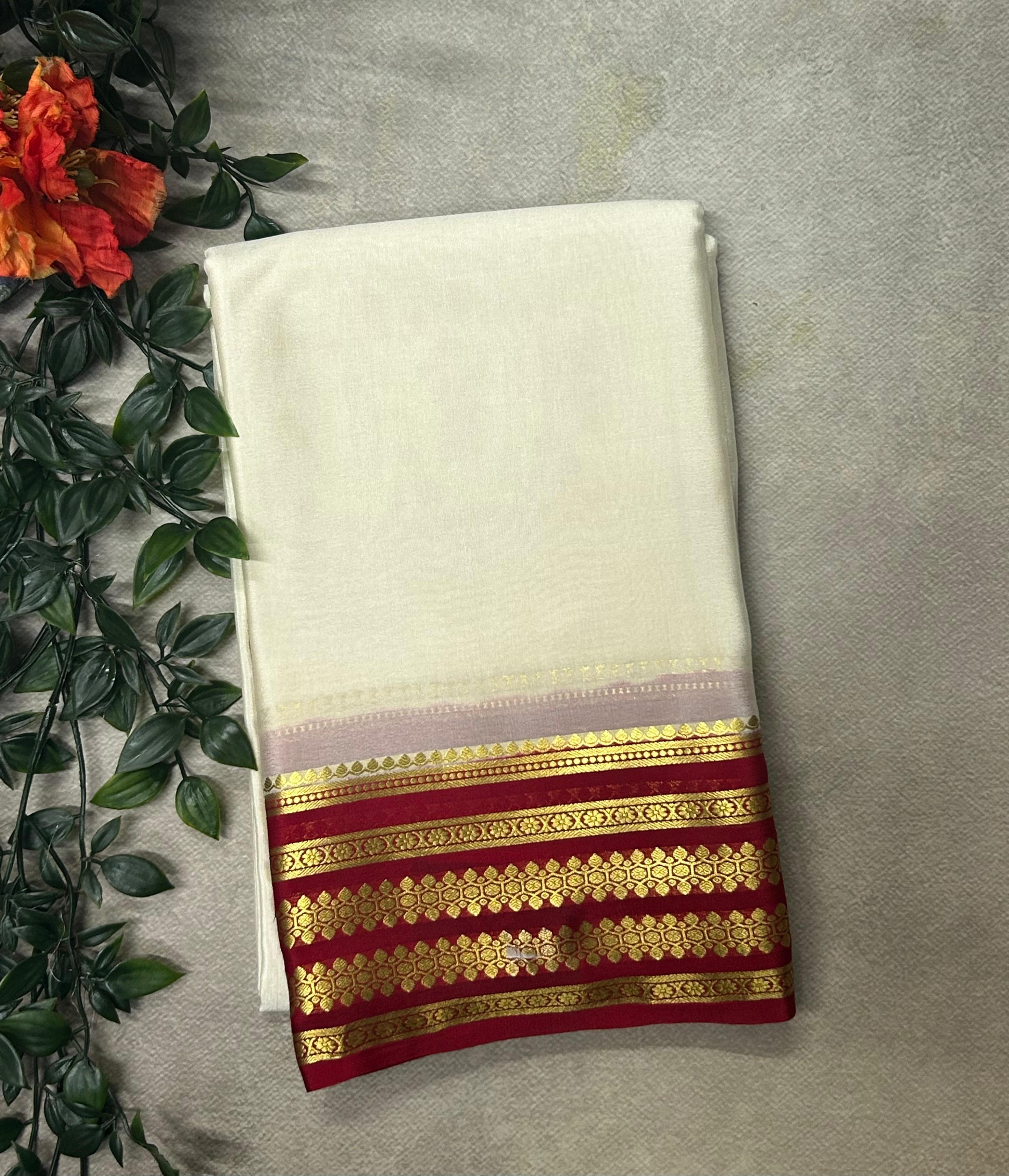 White n red stripes Lightweight Pure Mysore Crepe Silk Saree – Elegant Soft Drape(MSL)