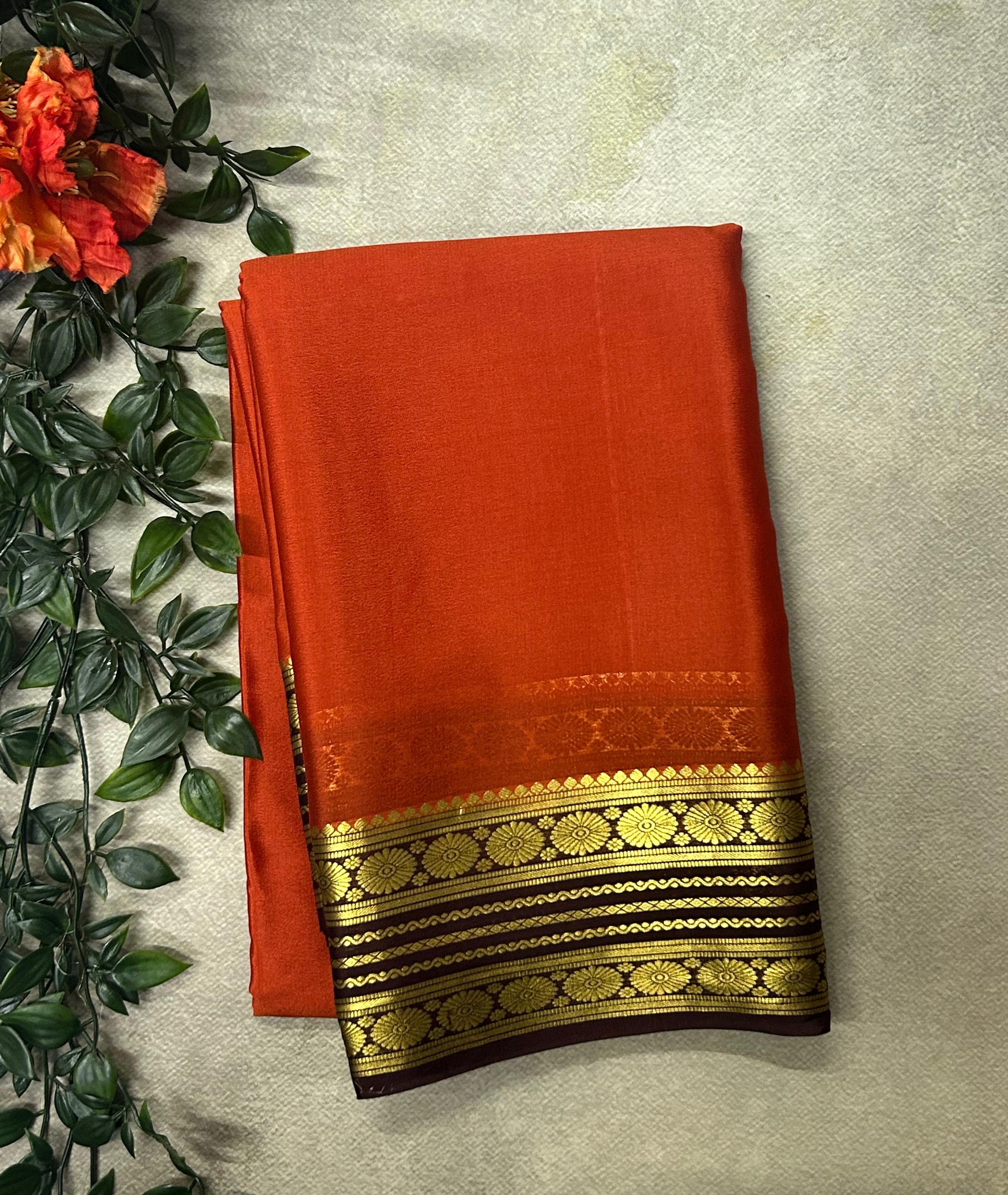 Rust orange stripes Lightweight Pure Mysore Crepe Silk Saree – Elegant Soft Drape(MSL)