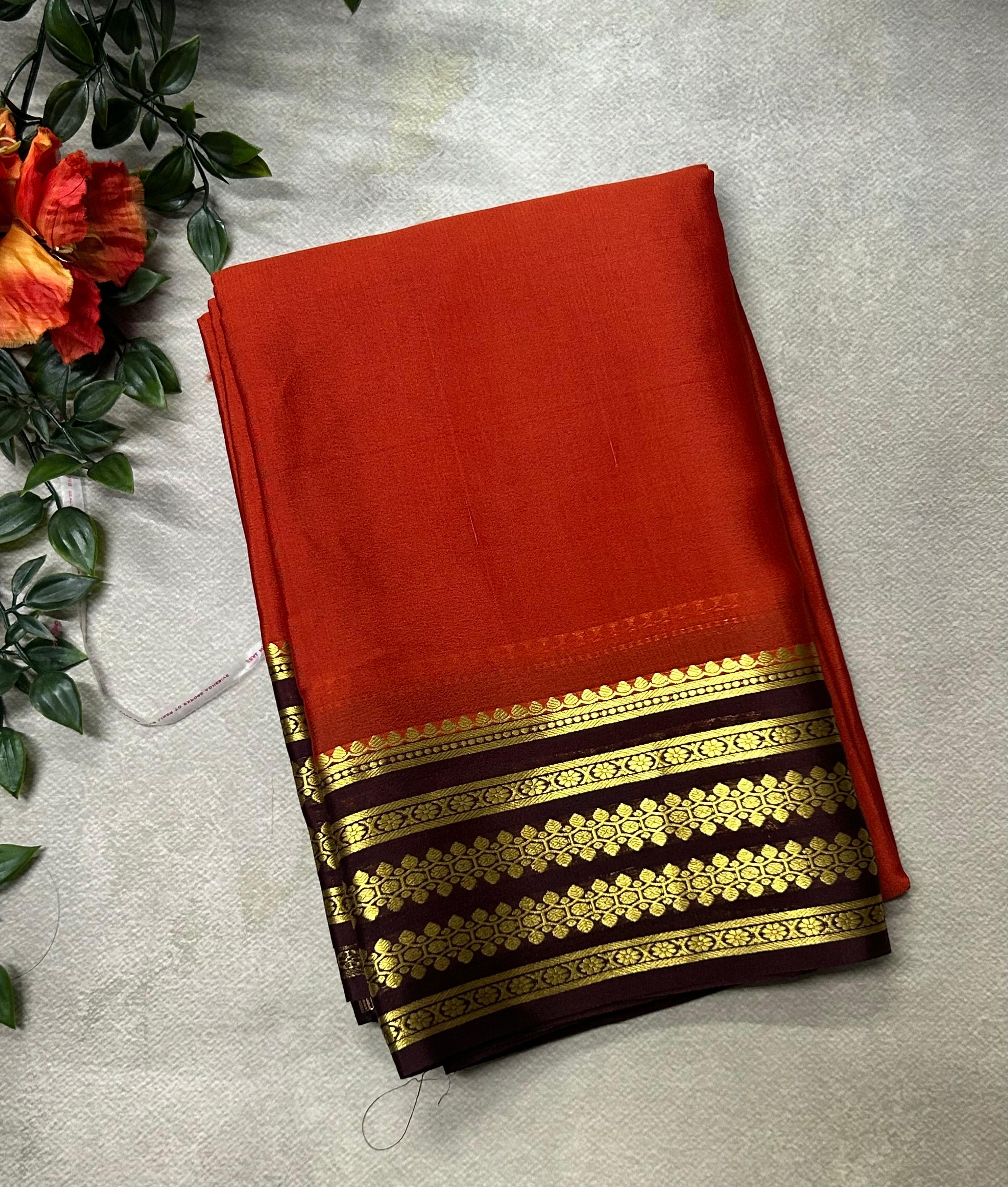 Dark orange Lightweight Pure Mysore Crepe Silk Saree – Elegant Soft Drape(MSL)
