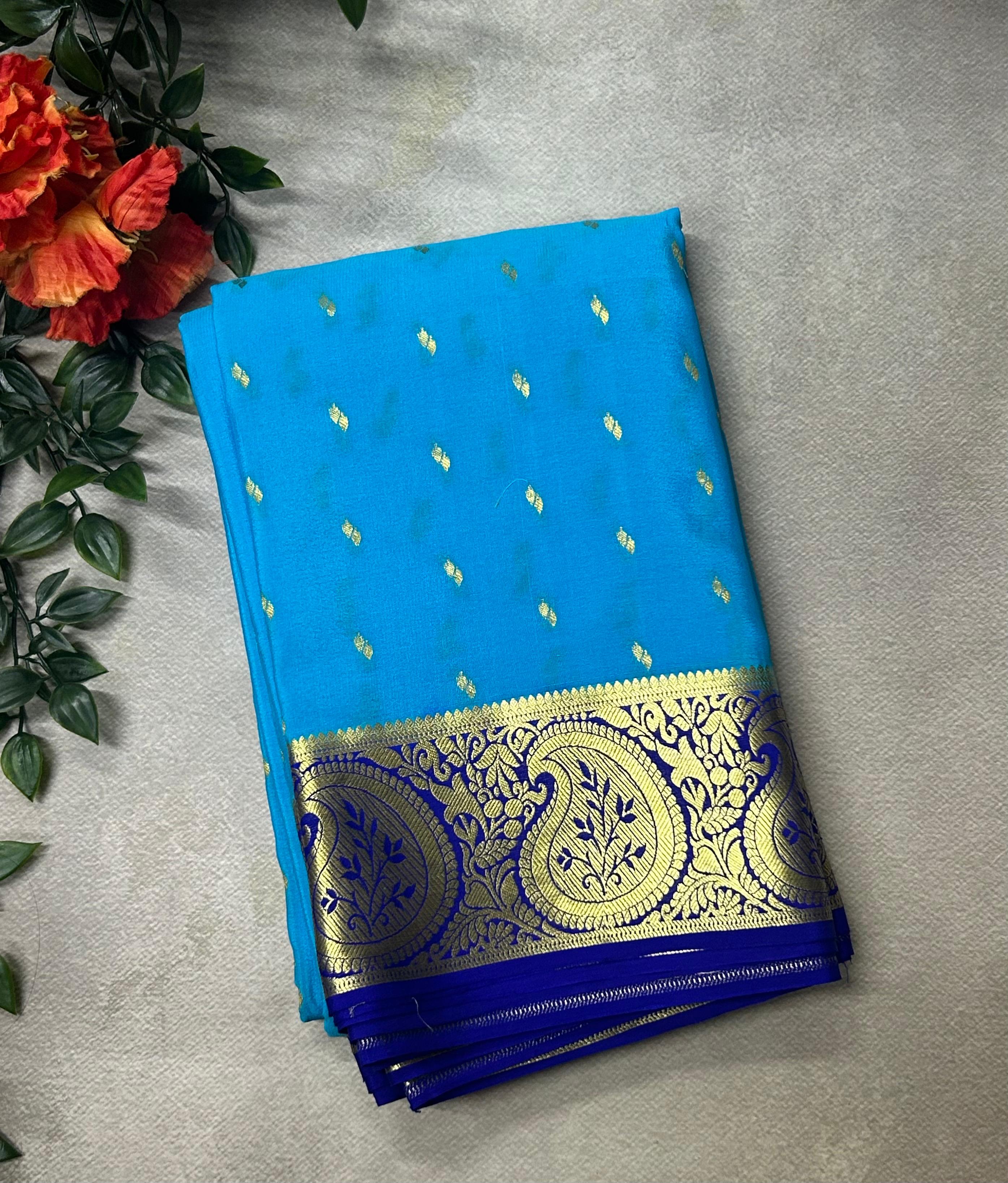 Blue Lightweight Pure Mysore Crepe Silk Saree – Elegant Soft Drape(MSL)