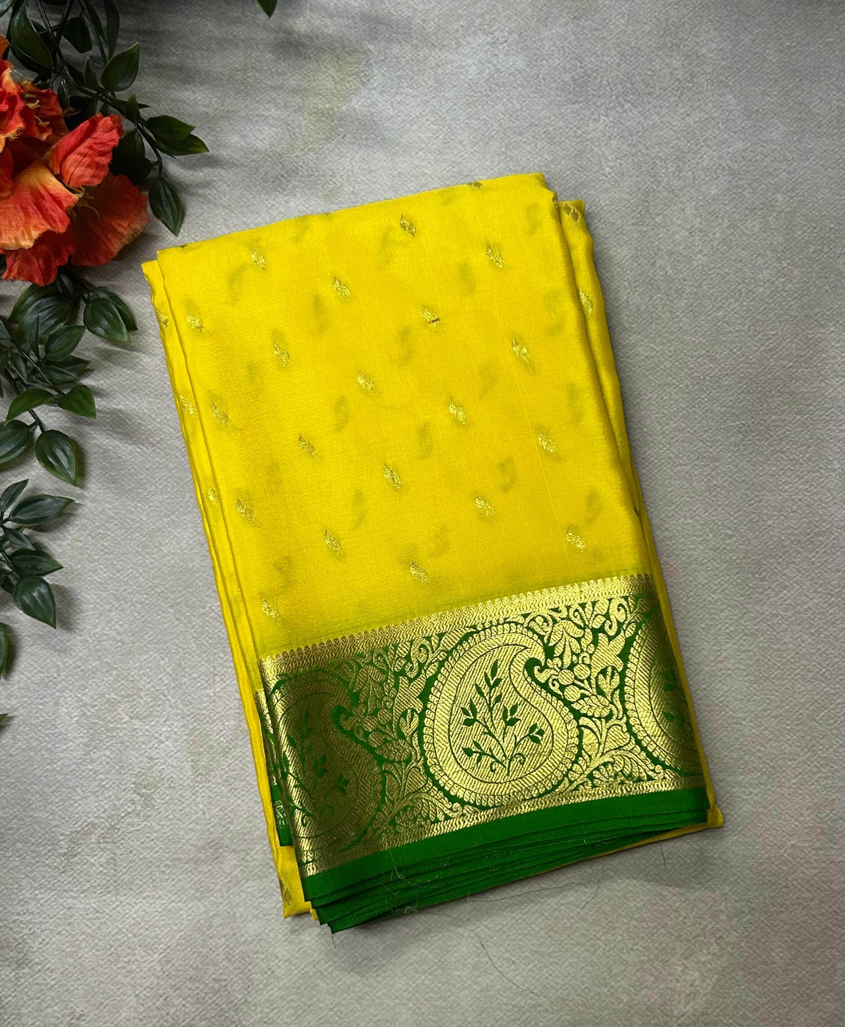 Yellow Lightweight Pure Mysore Crepe Silk Saree – Elegant Soft Drape(MSL)
