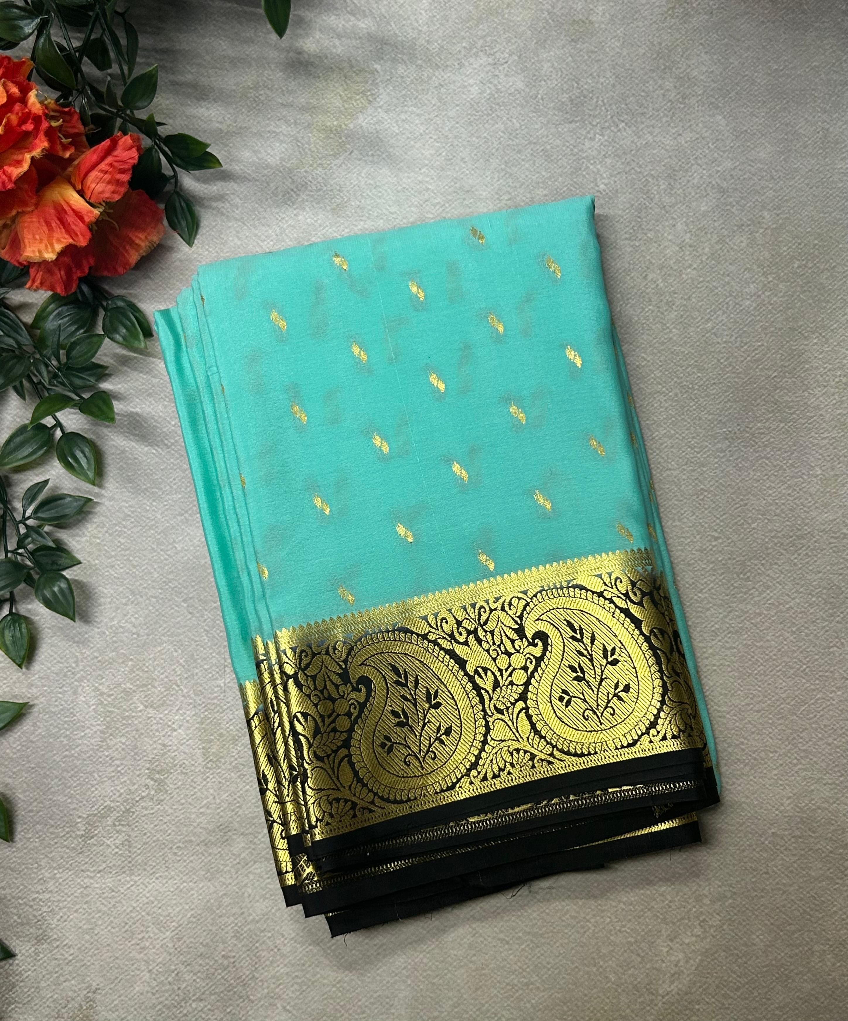 Aqua blue Lightweight Pure Mysore Crepe Silk Saree – Elegant Soft Drape(MSL)
