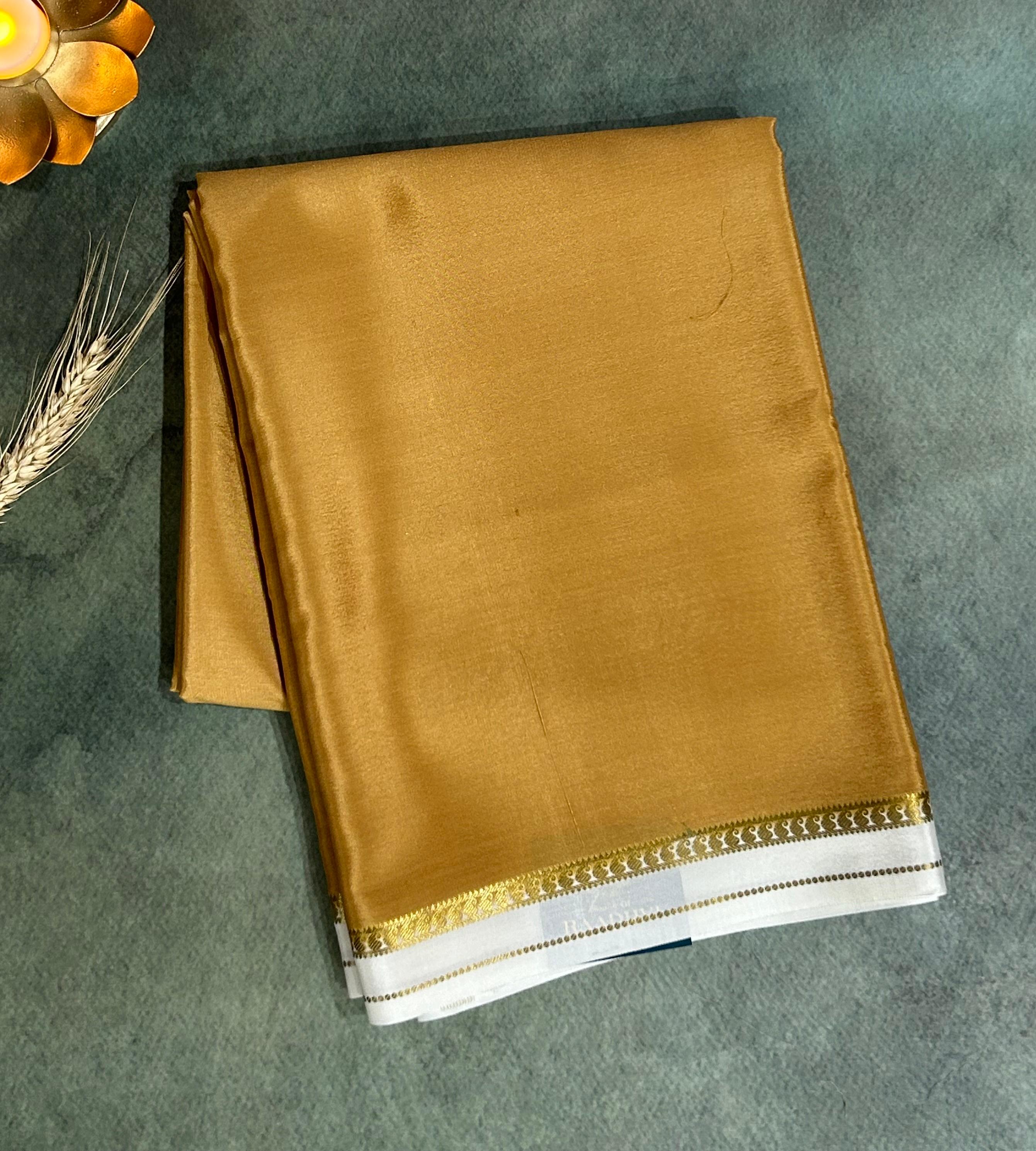 Golden beige one inch border pure mysore silk saree-10