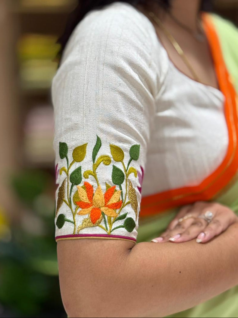 White raw silk lotus work elegant blouse