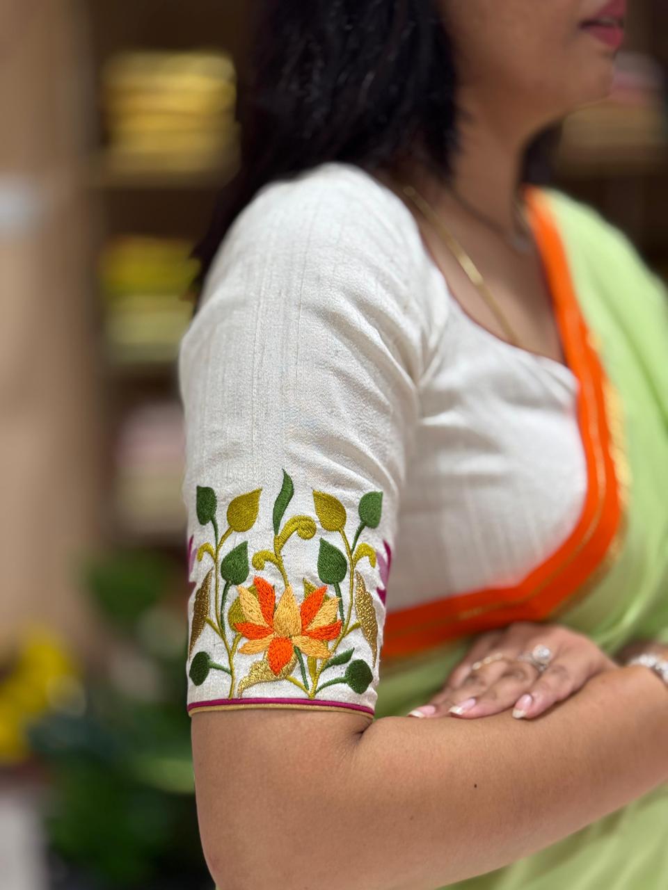 White raw silk lotus work elegant blouse