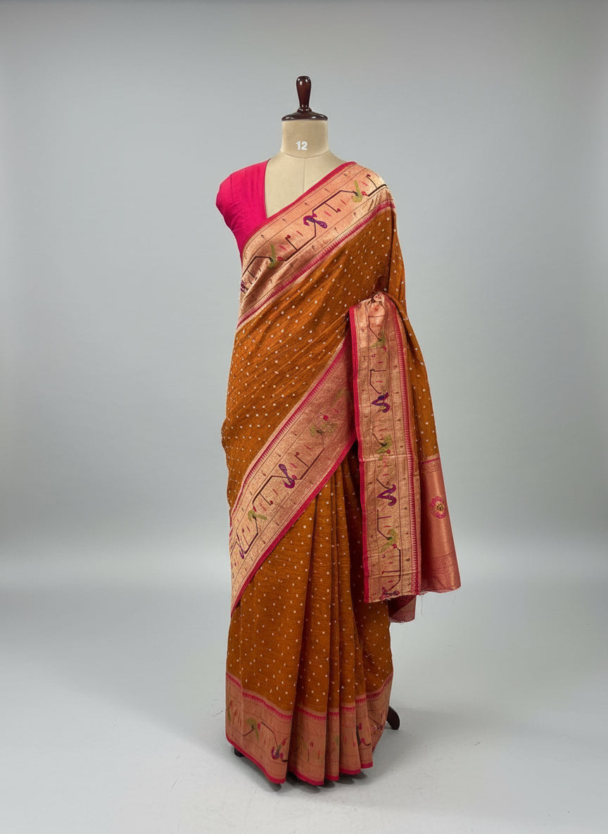 Rust orange Pure moonga silk paithani 10 saree