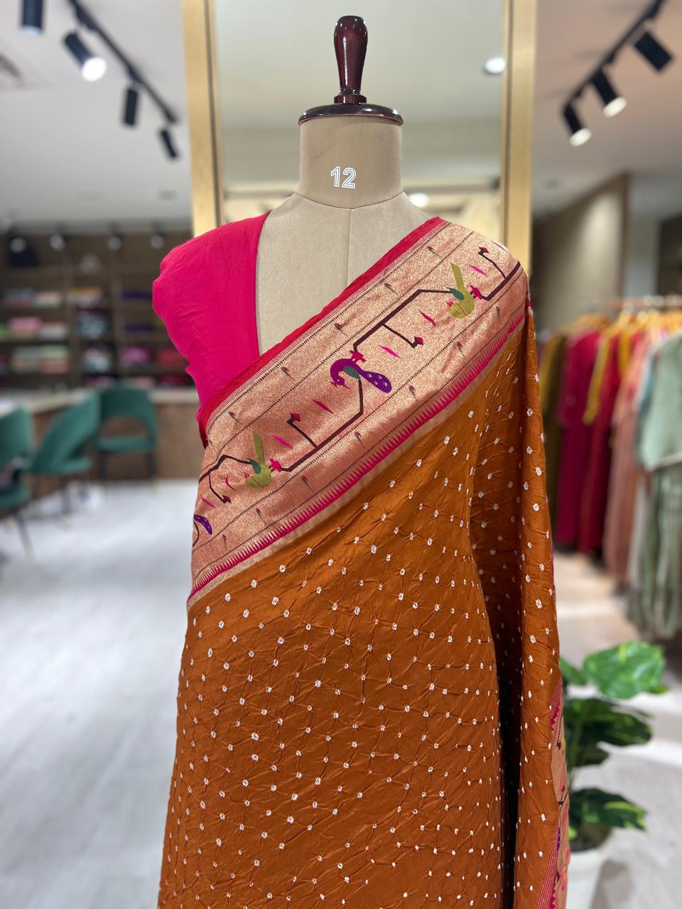 Rust orange Pure moonga silk paithani 10 saree