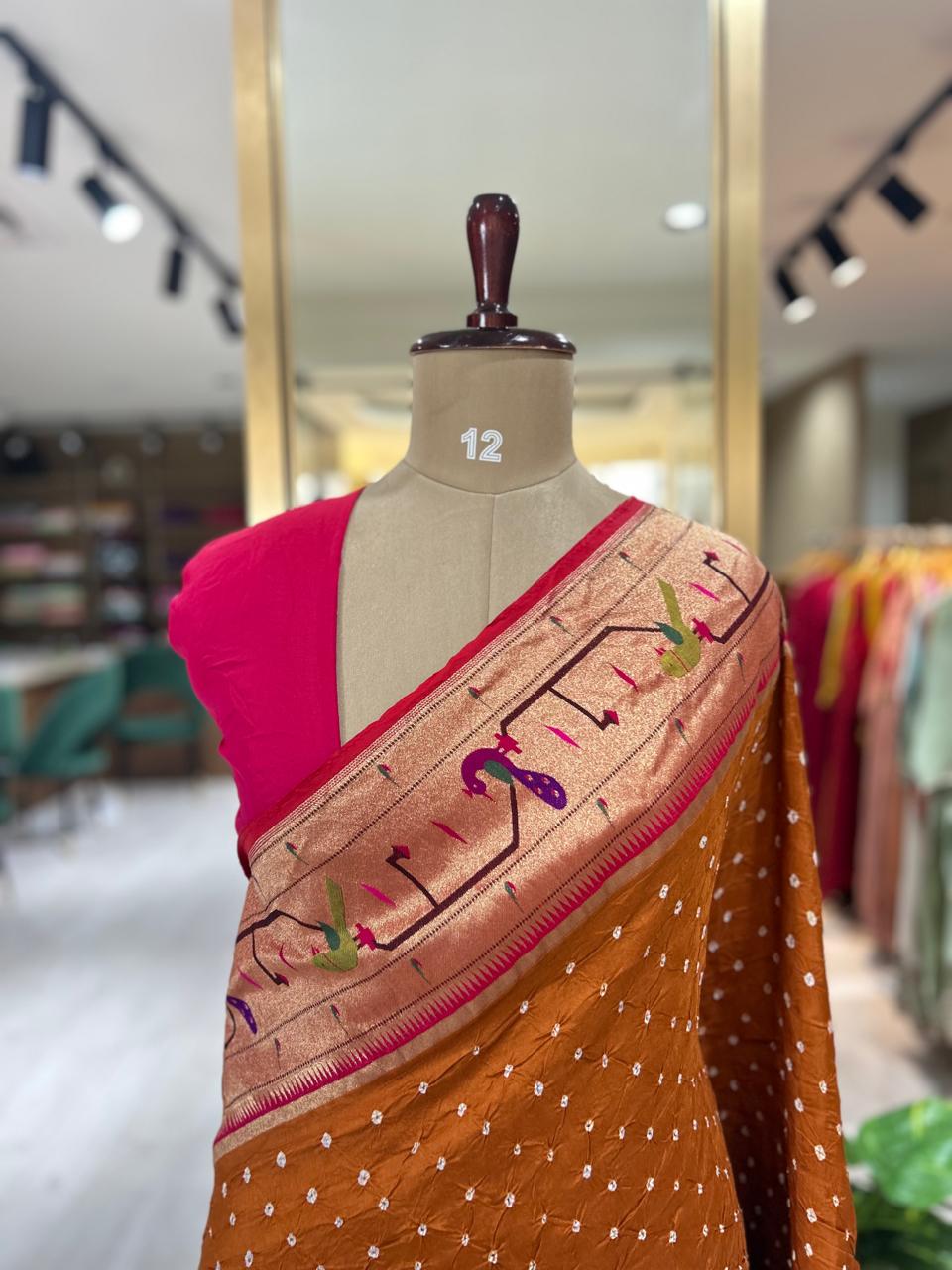 Rust orange Pure moonga silk paithani 10 saree