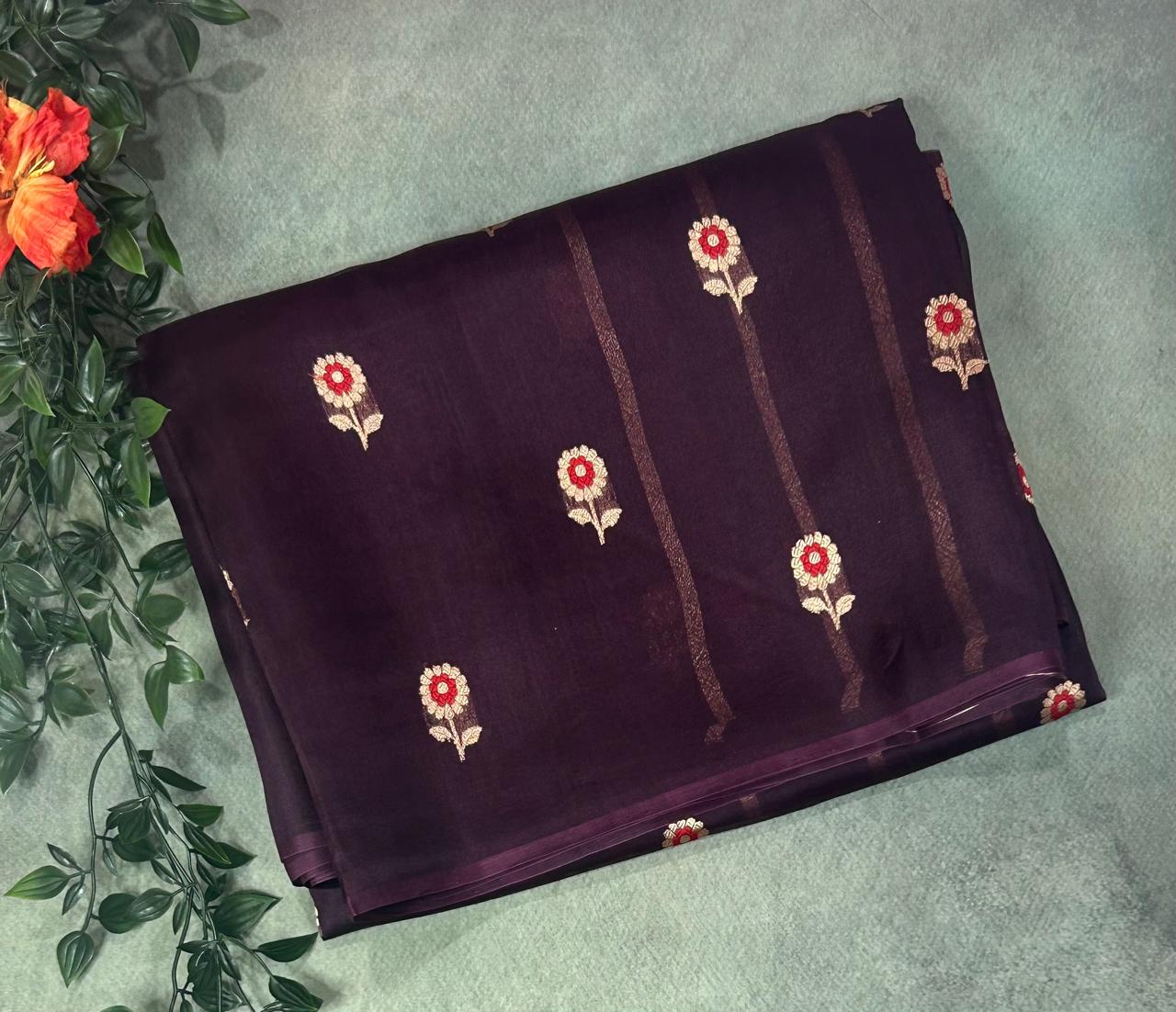 Brown small butta pure kora organza-11 saree