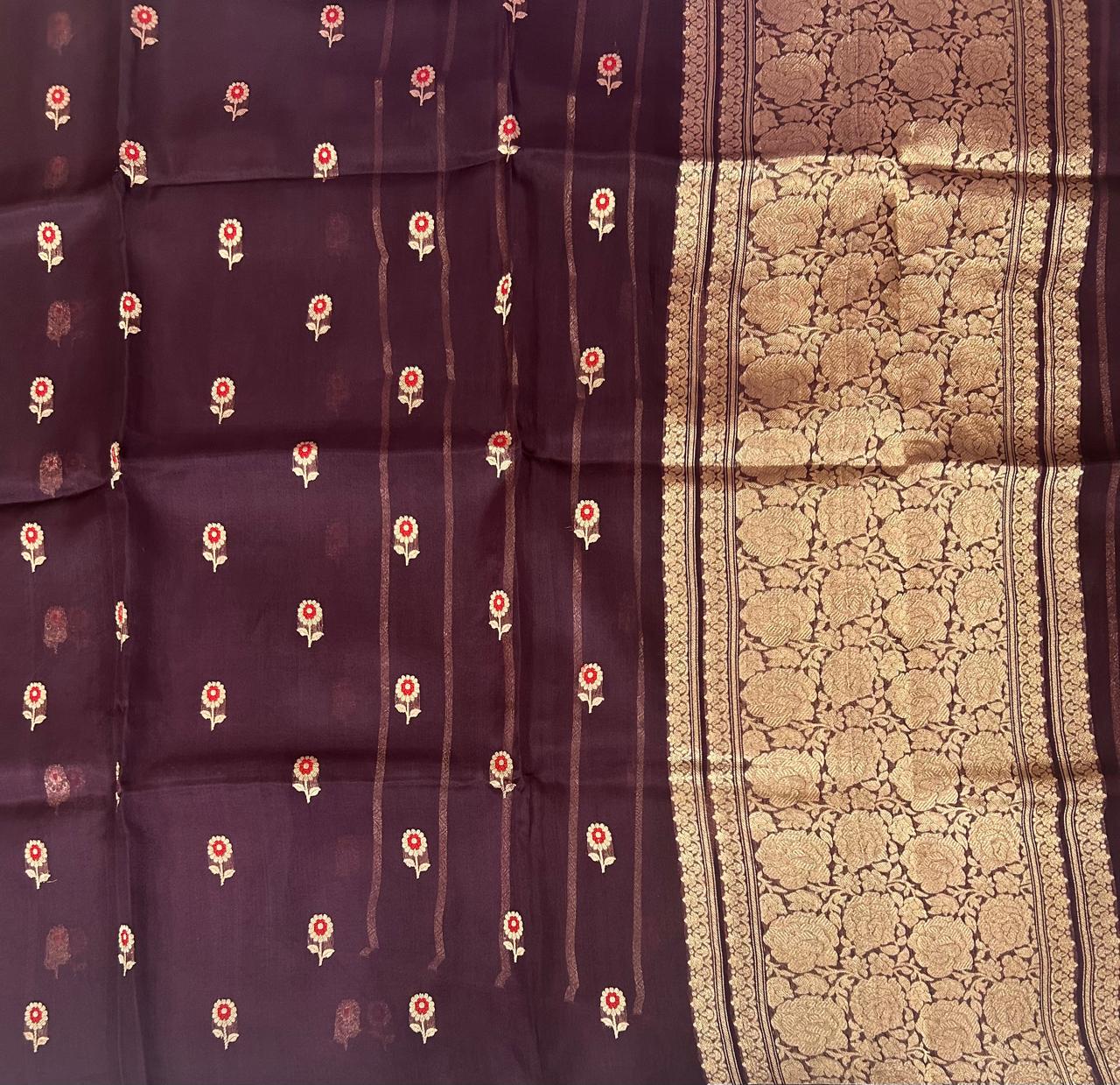 Brown small butta pure kora organza-11 saree
