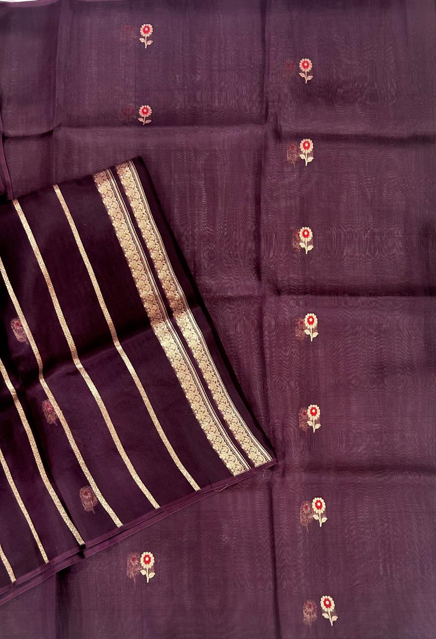 Brown Meena butta pure kora organza 105 saree