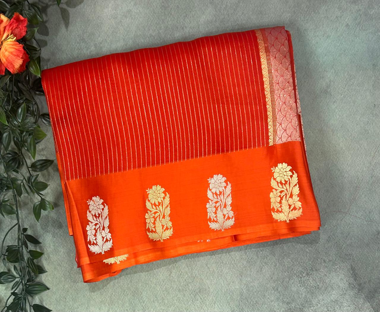 Orange stripes small butta pure kora organza-11 saree