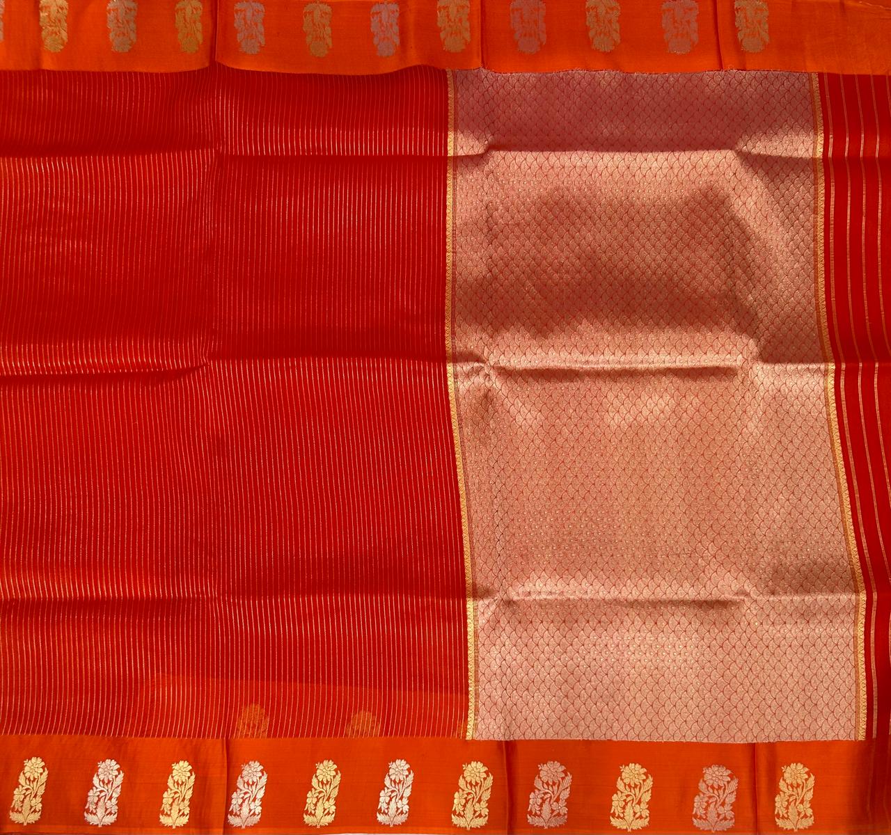 Orange stripes small butta pure kora organza-11 saree