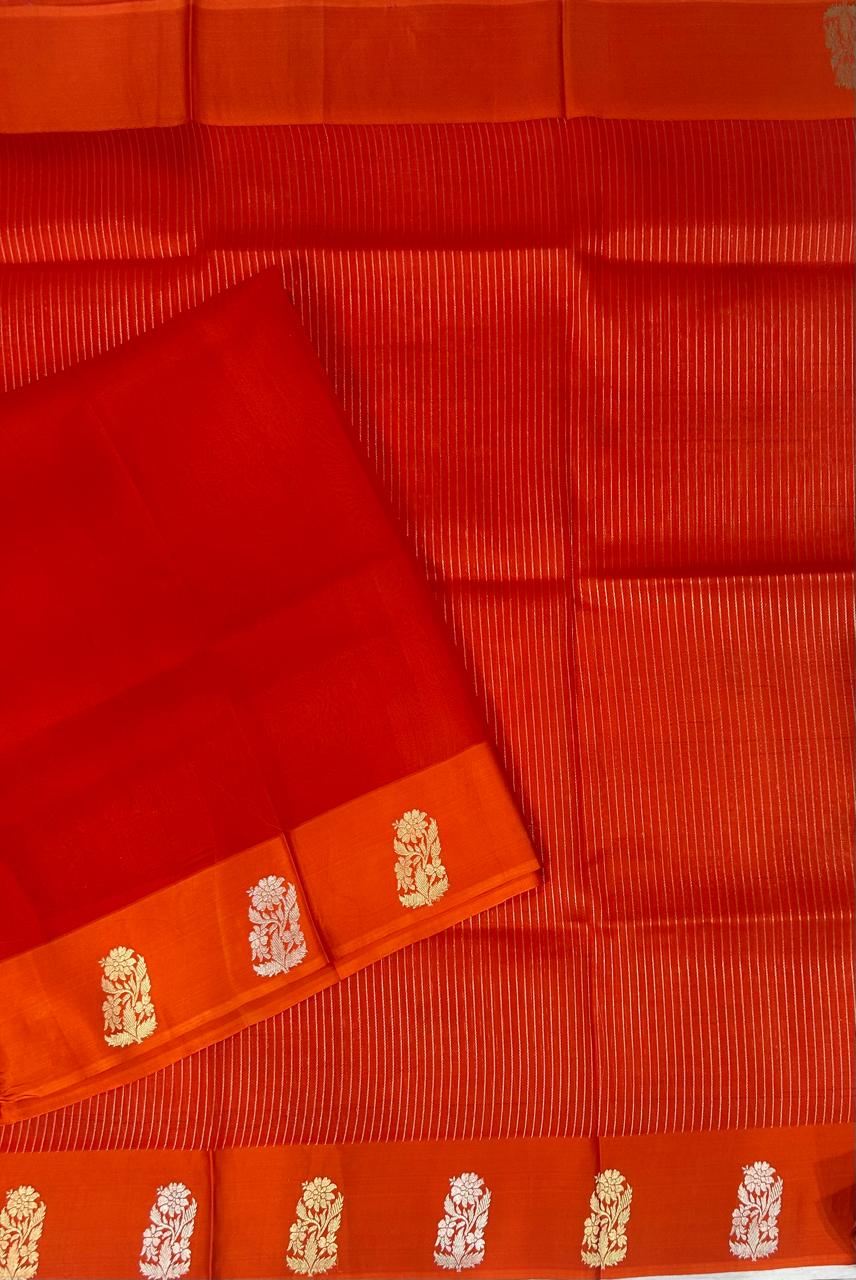 Orange stripes small butta pure kora organza-11 saree