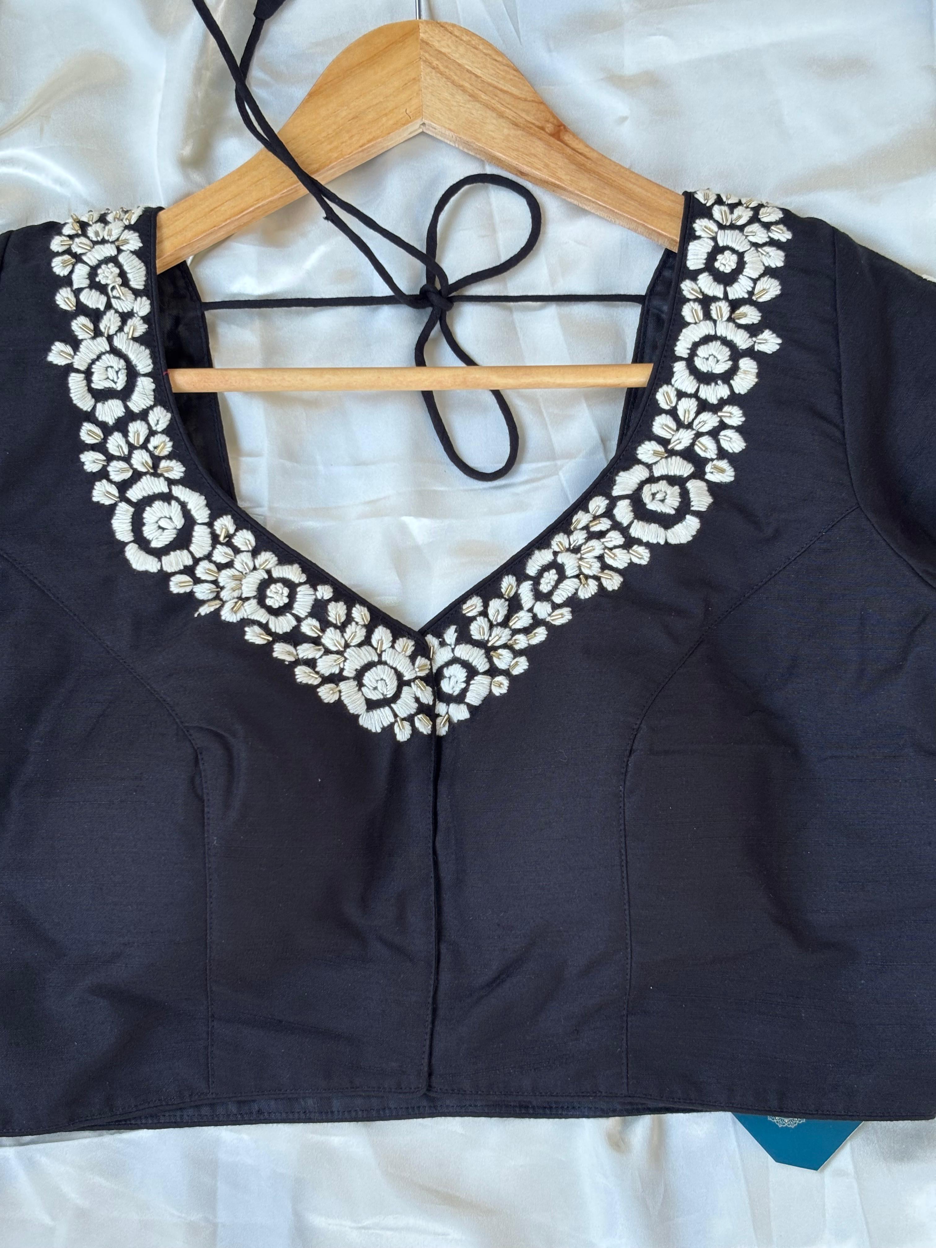 Black embrodiery raw silk blouse