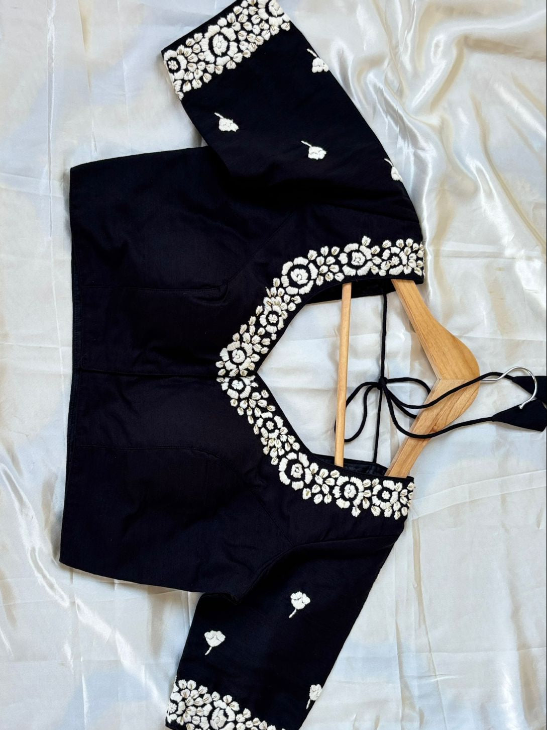 Black embrodiery raw silk blouse