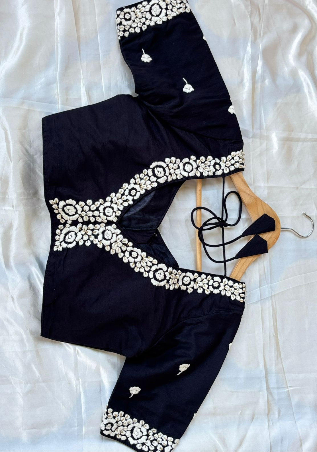 Black embrodiery raw silk blouse