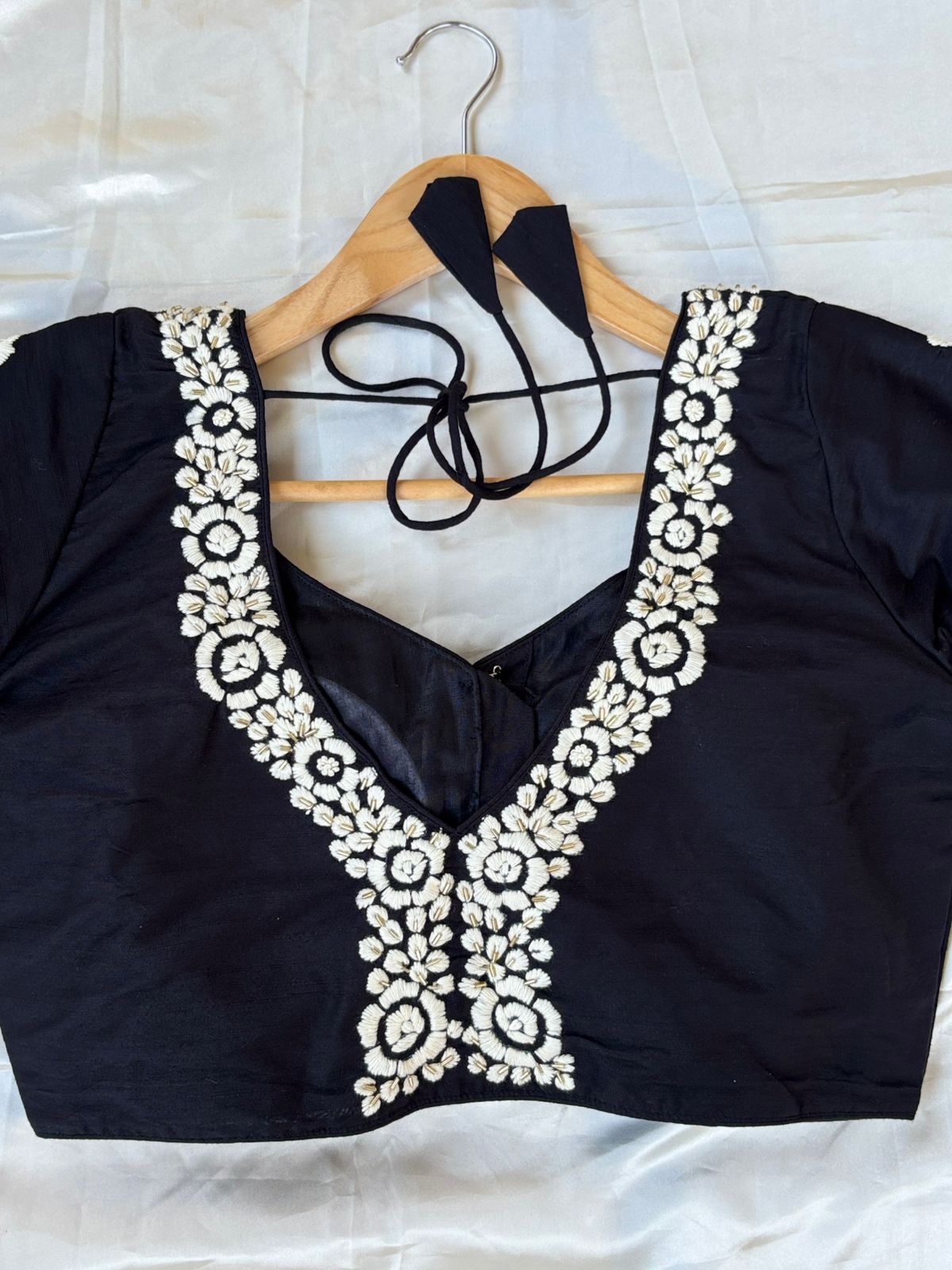 Black embrodiery raw silk blouse