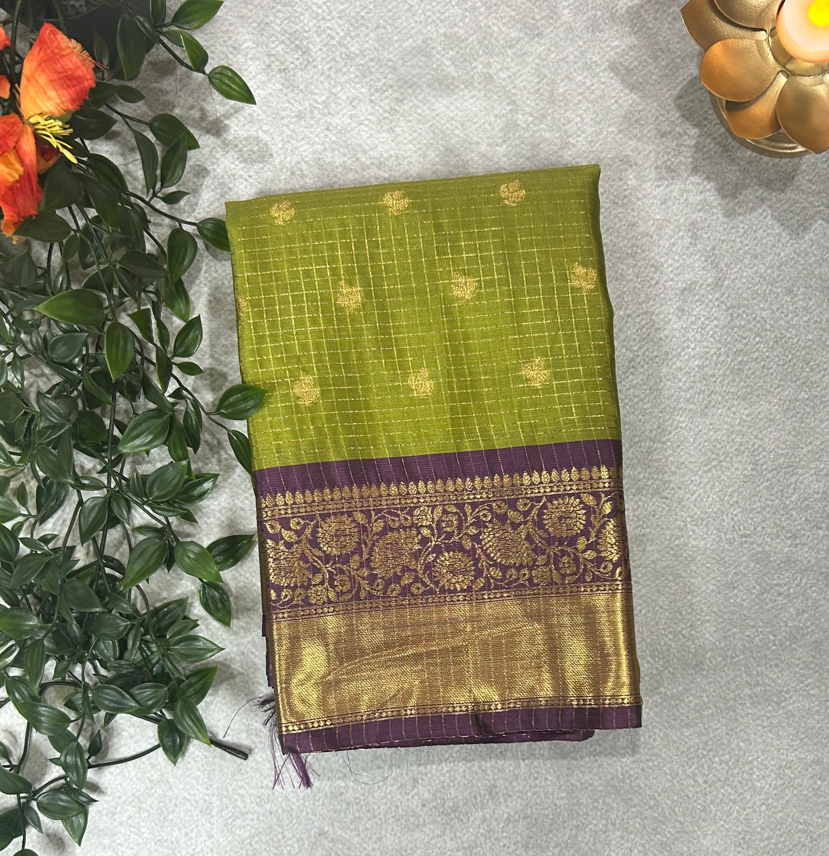 Green checks design semi kanchi-11 saree