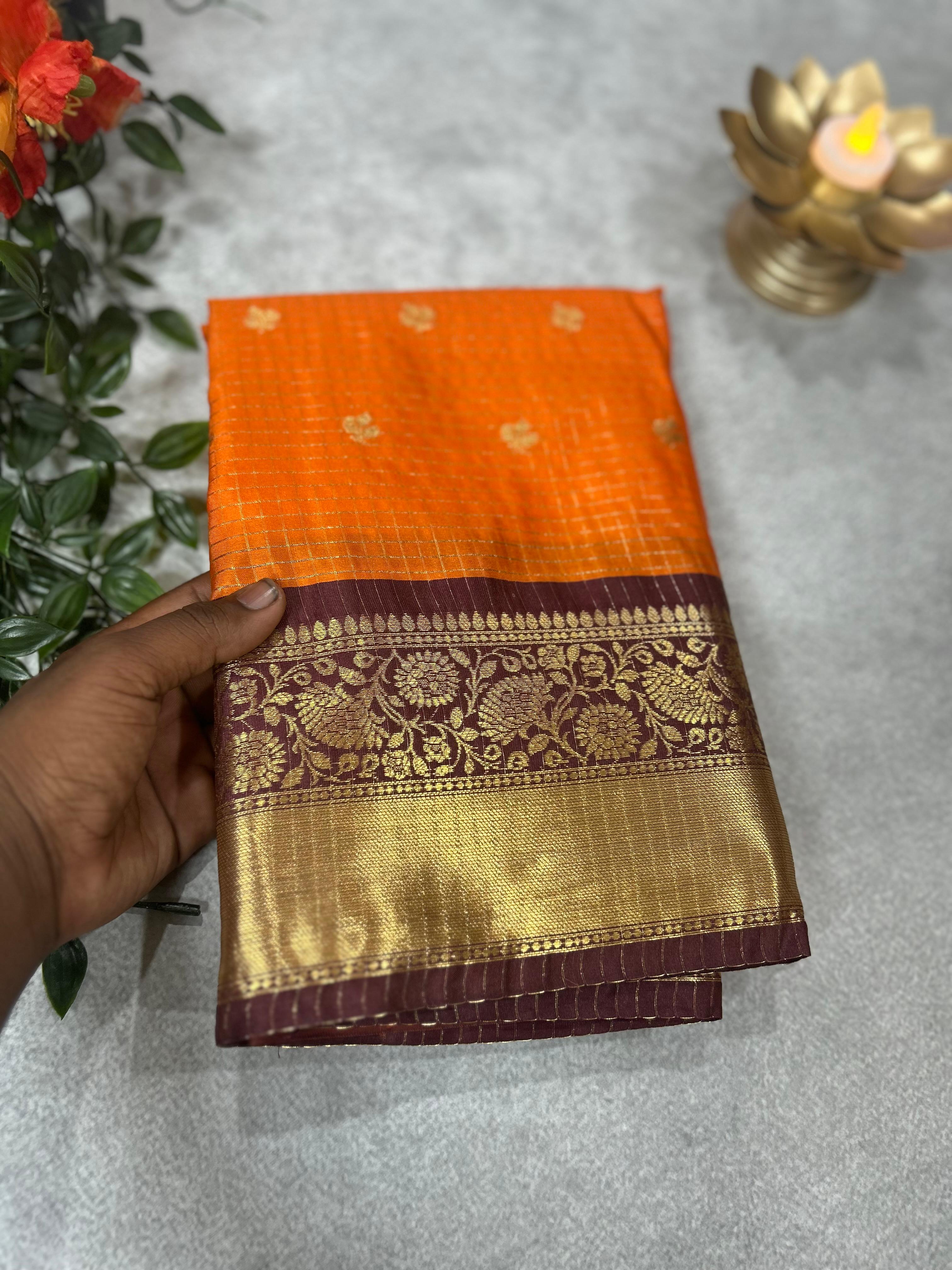 Orange checks design semi kanchi-11 saree