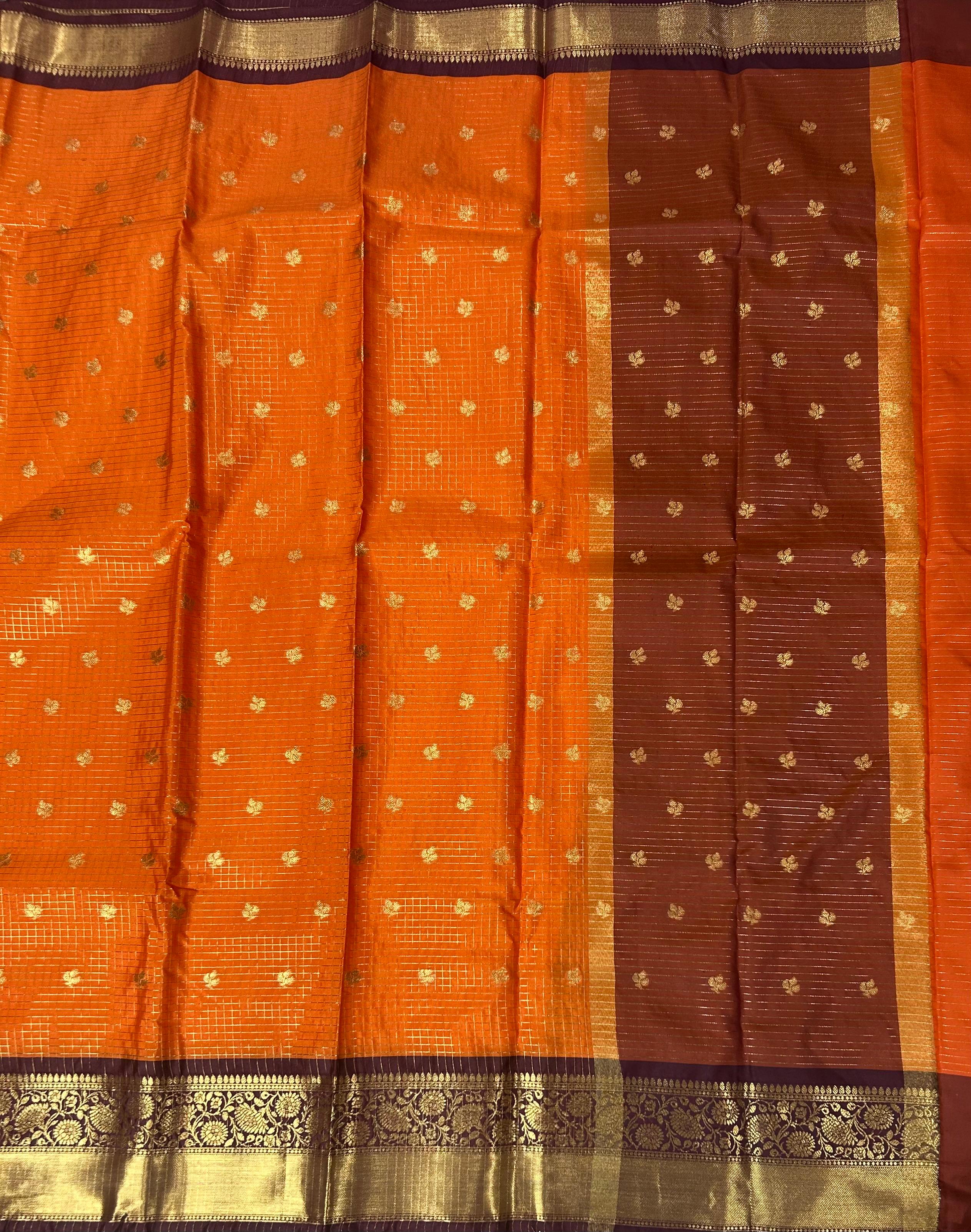 Orange checks design semi kanchi-11 saree