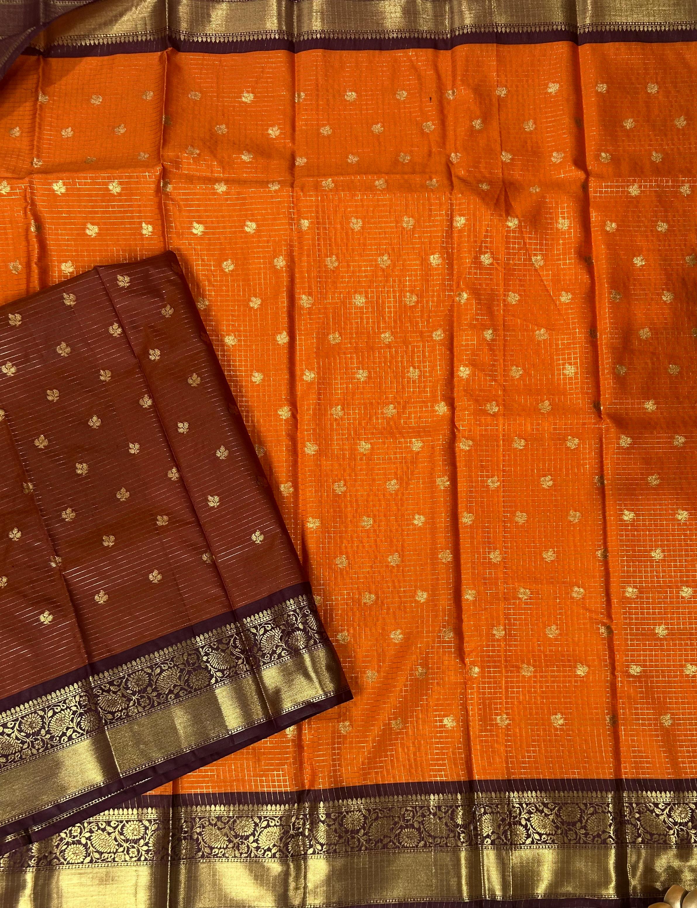 Orange checks design semi kanchi-11 saree