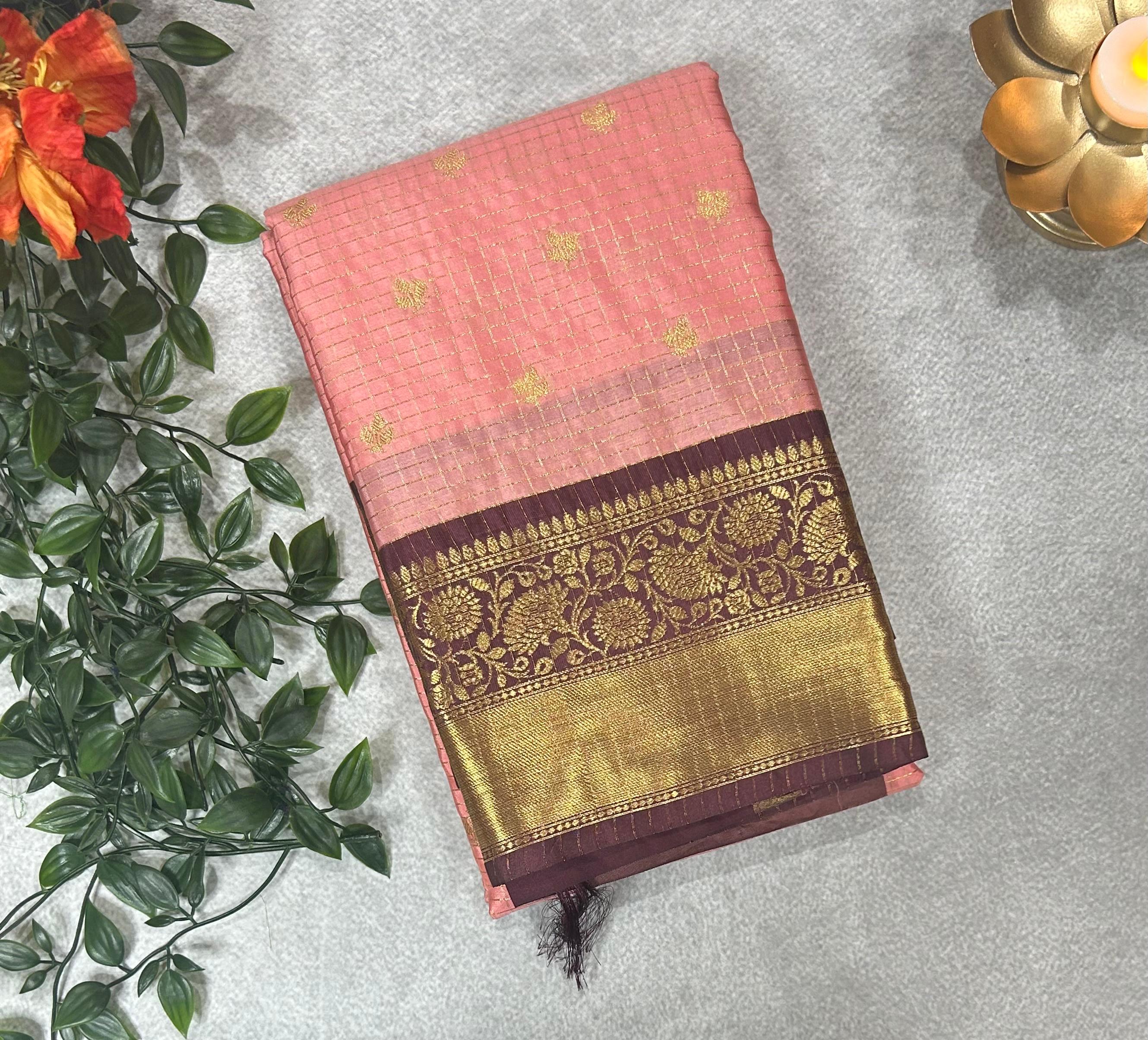 Peach checks design semi kanchi-11 saree