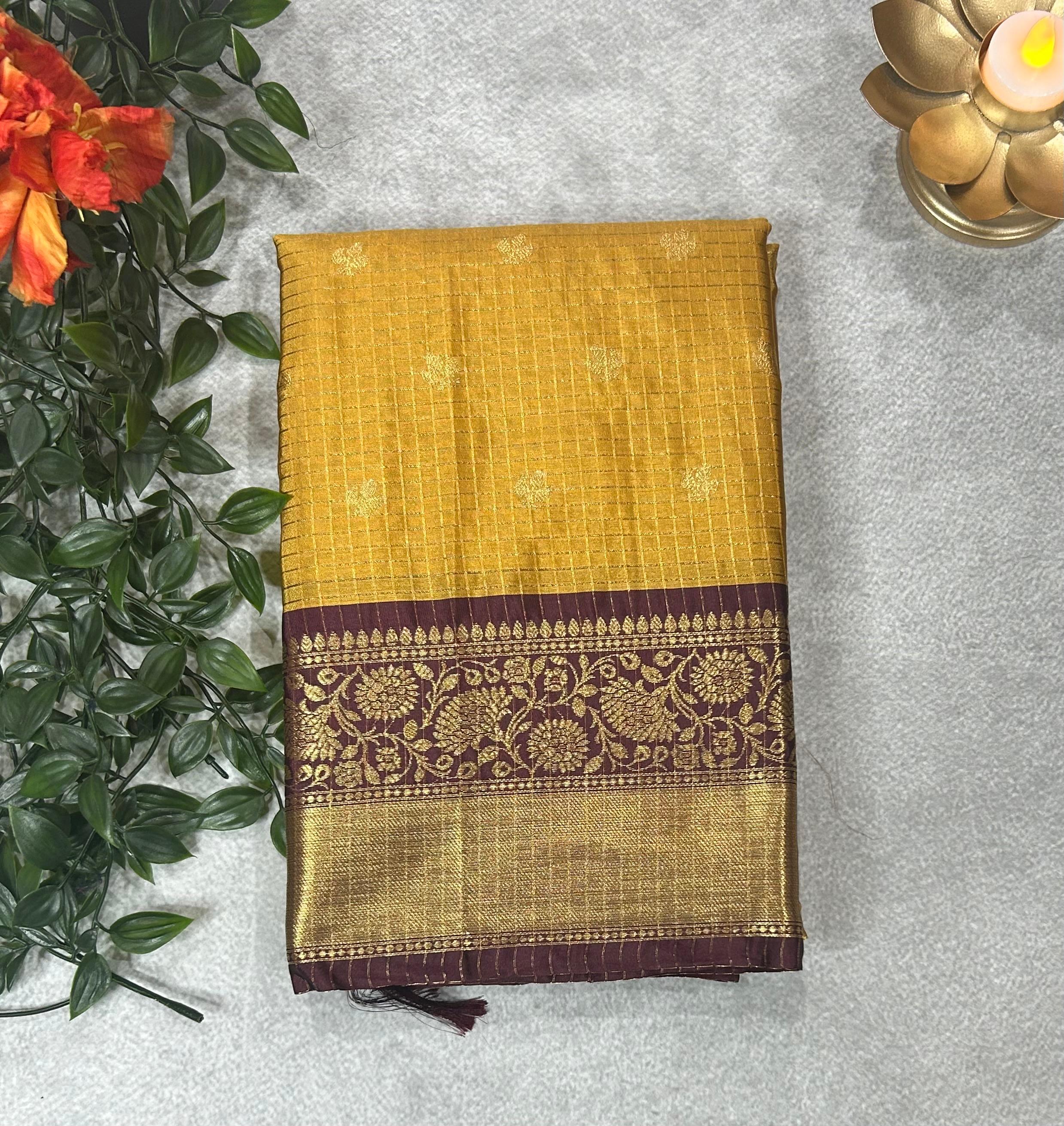 Yellow checks design semi kanchi-11 saree