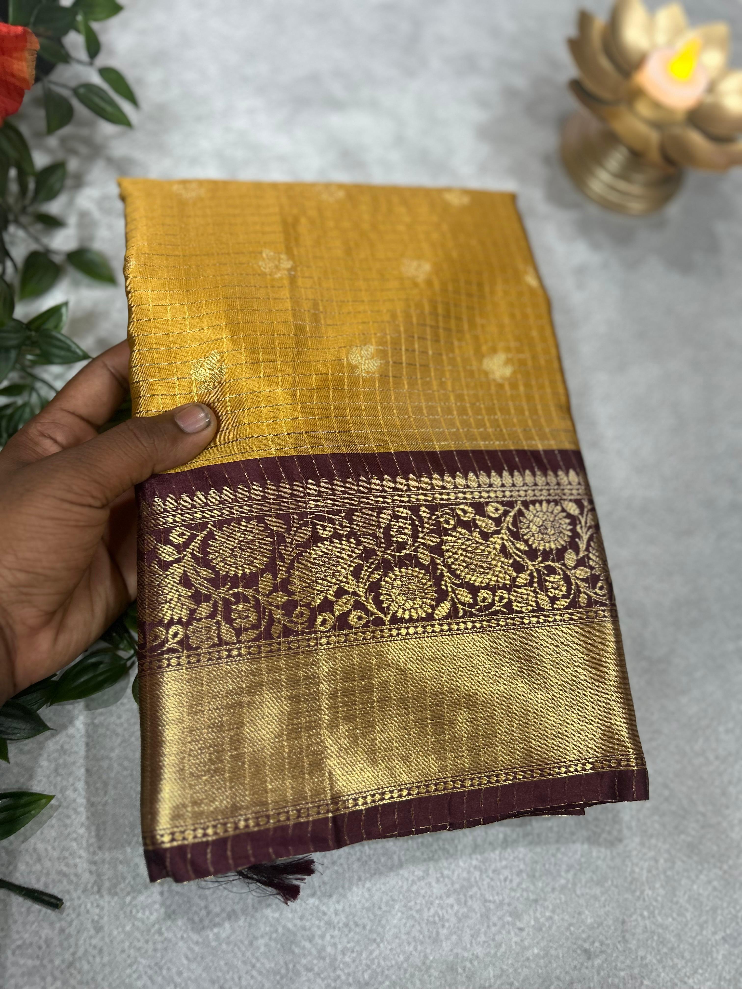 Yellow checks design semi kanchi-11 saree