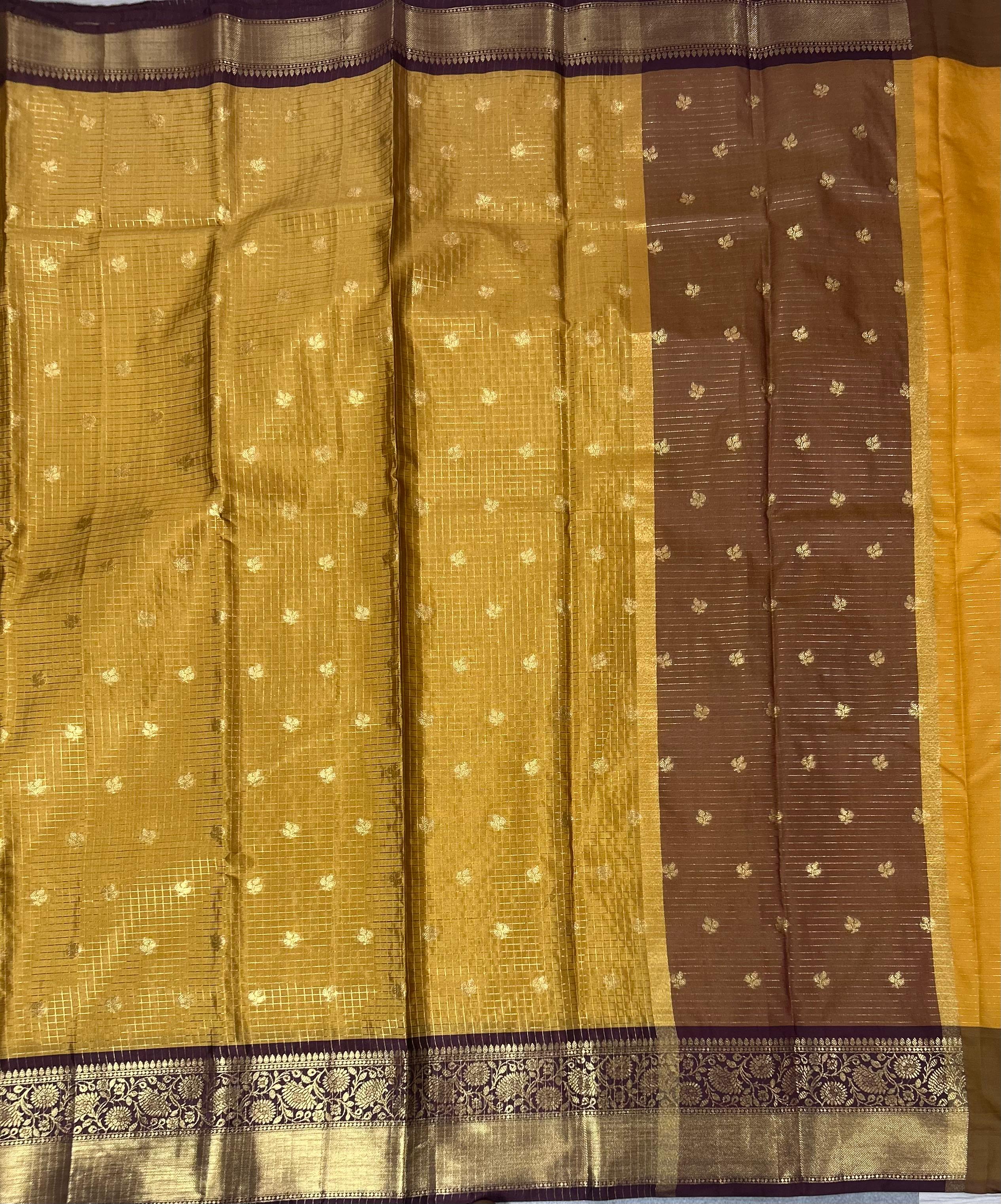 Yellow checks design semi kanchi-11 saree