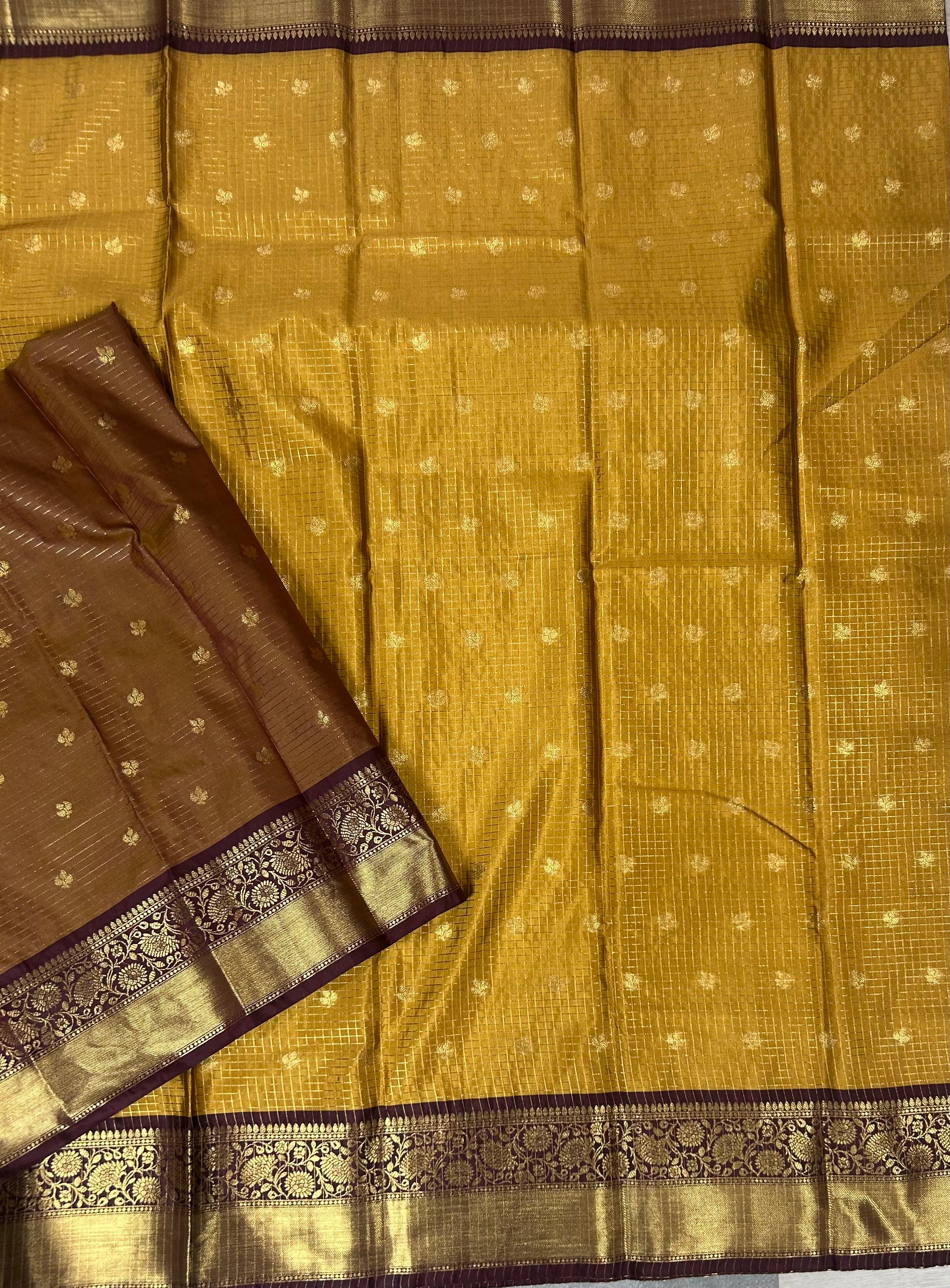 Yellow checks design semi kanchi-11 saree