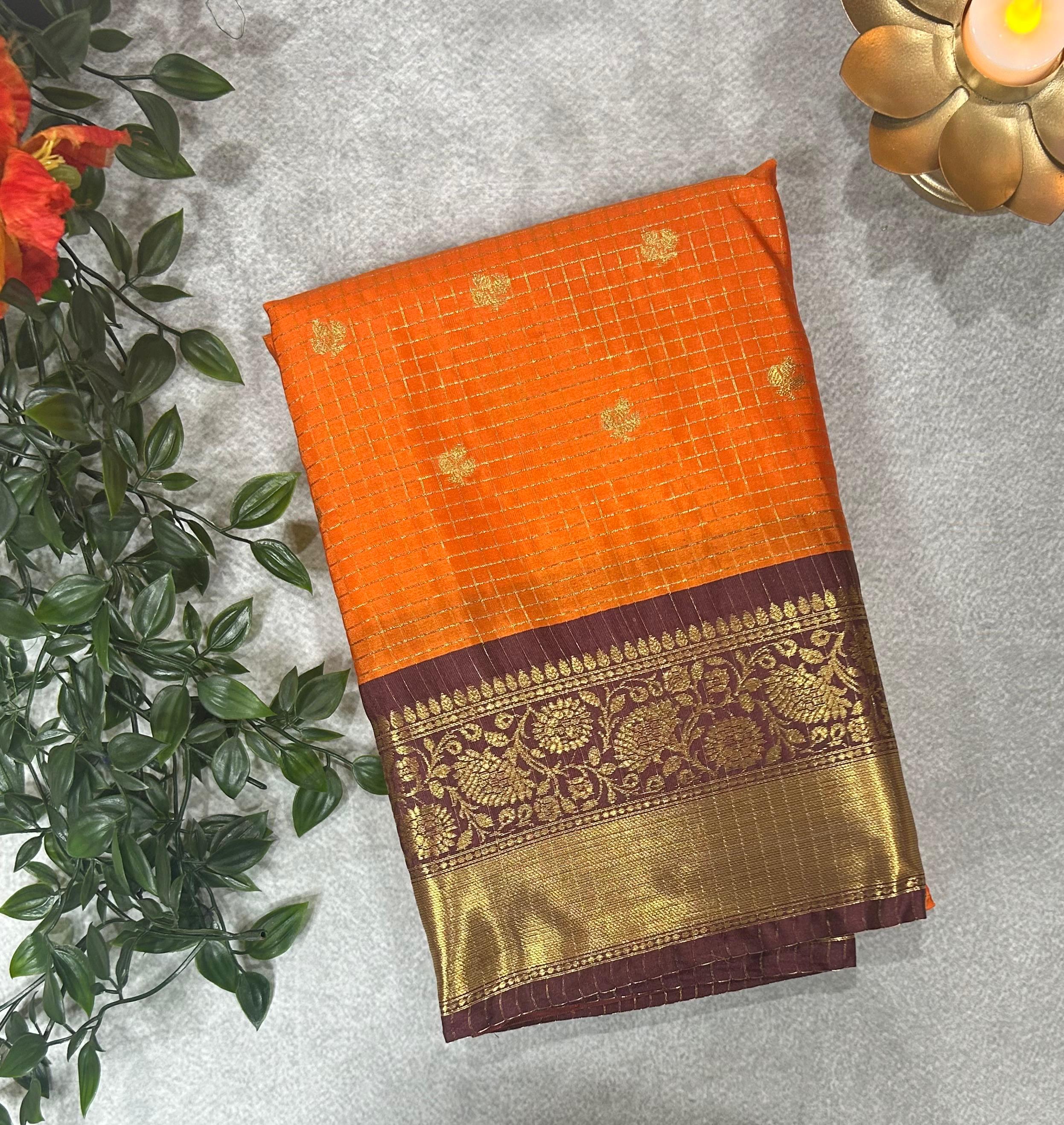Orange checks design semi kanchi-11 saree