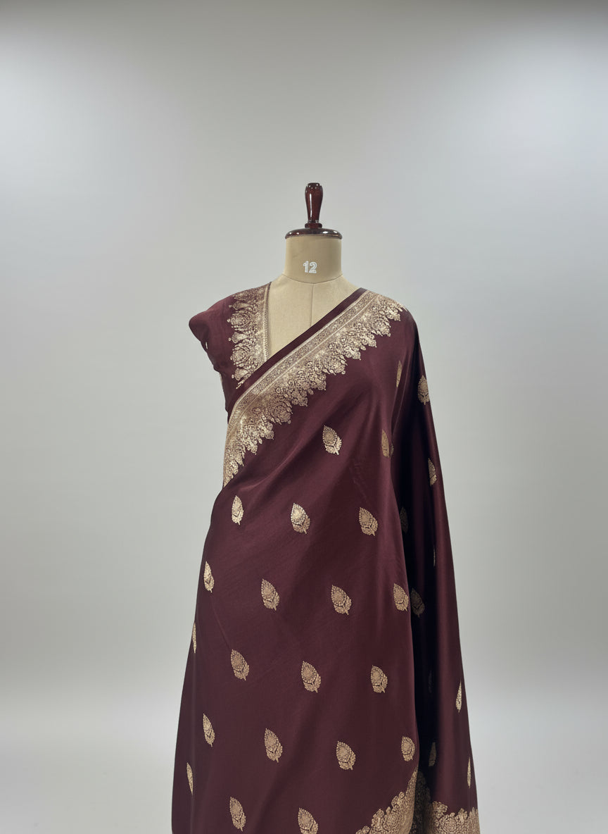 Dark brown pure mushroom satin silk-11 saree