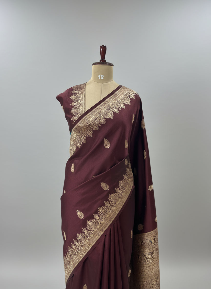 Dark brown pure mushroom satin silk-11 saree