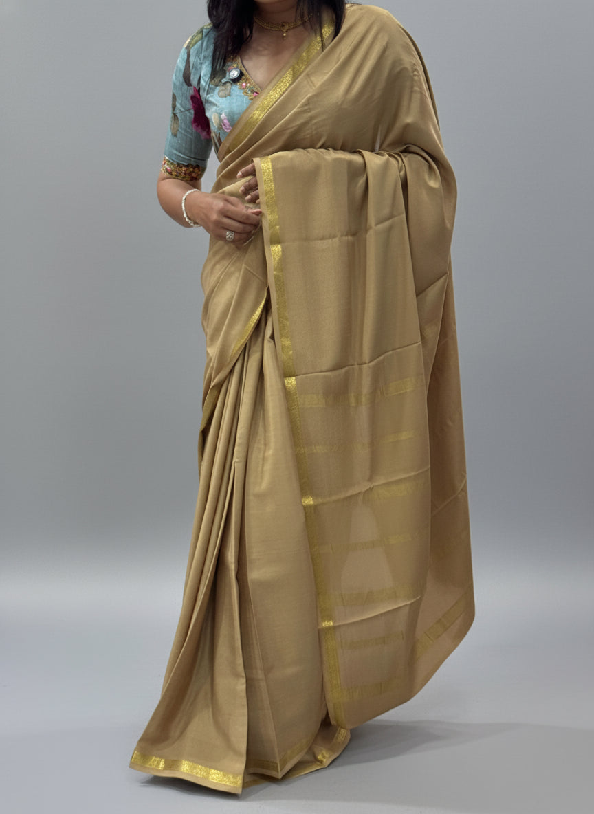 Beige one inch small border-11 pure mysore crepe silk saree