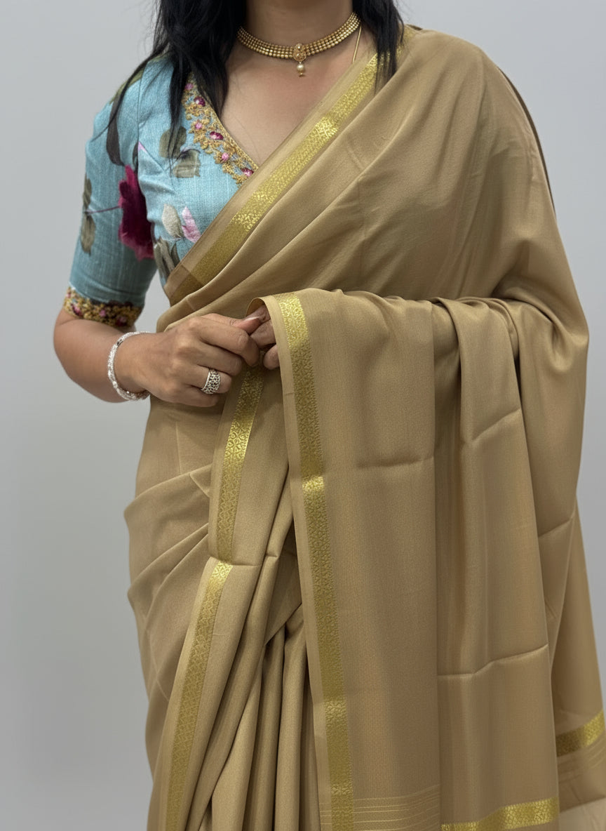 Beige one inch small border-11 pure mysore crepe silk saree