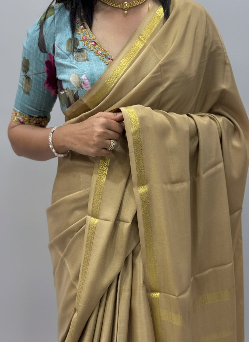 Beige one inch small border-11 pure mysore crepe silk saree