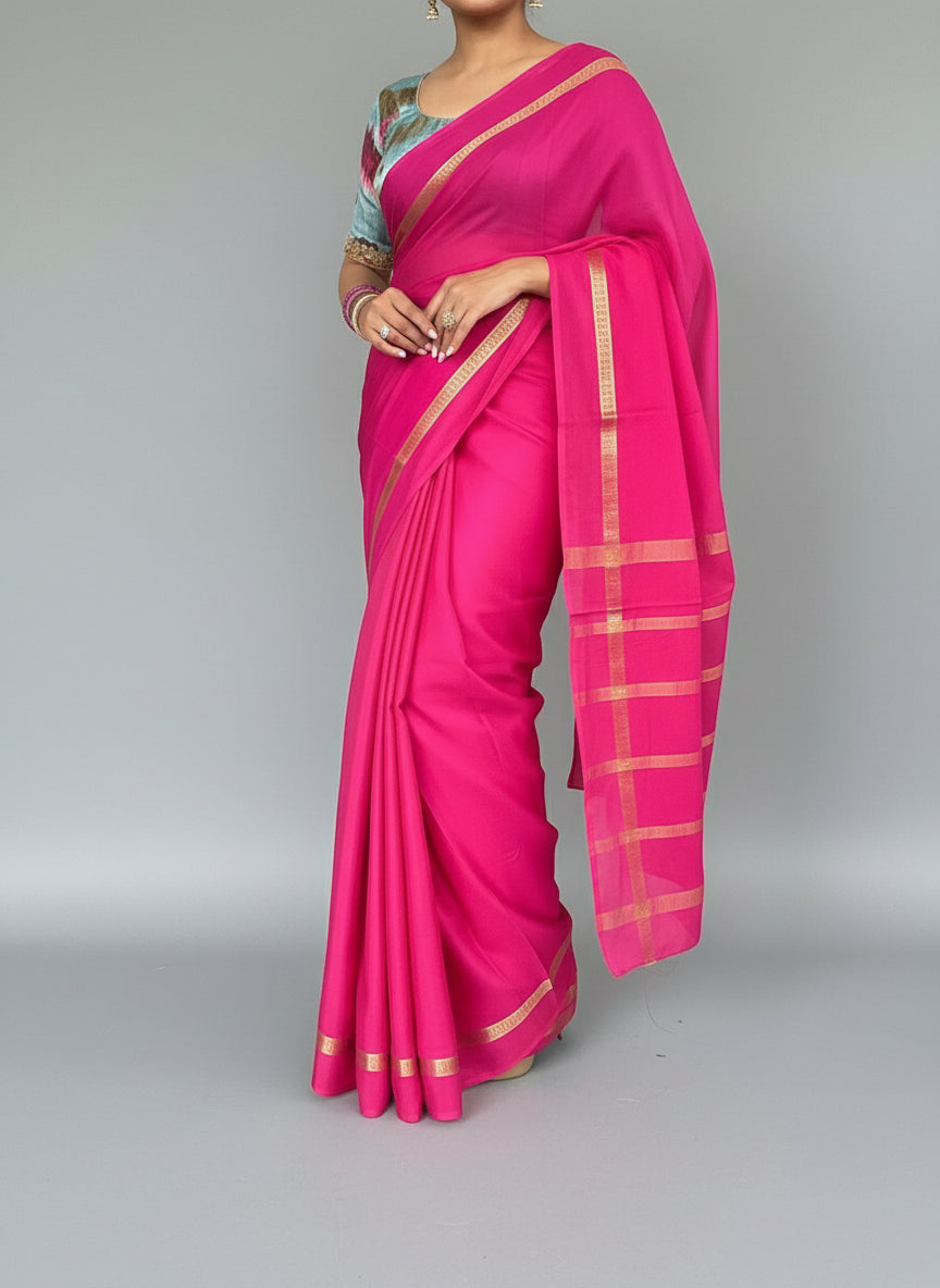 Rani pink one inch-11 pure mysore crepe silk saree