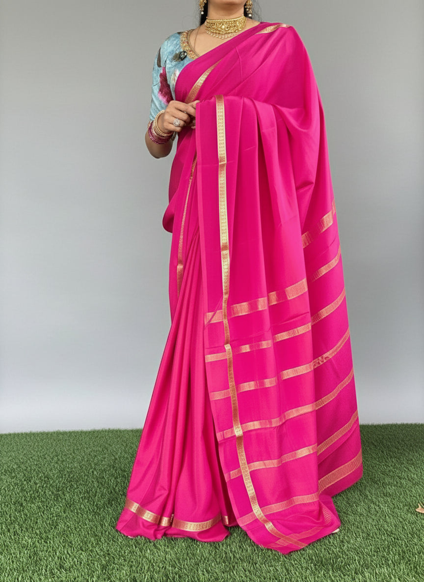 Rani pink one inch-11 pure mysore crepe silk saree