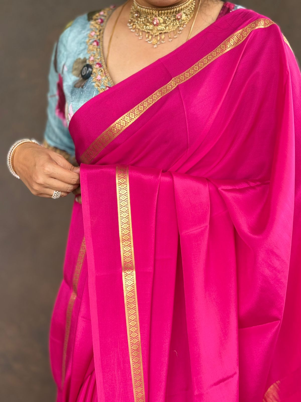 Rani pink one inch-11 pure mysore crepe silk saree