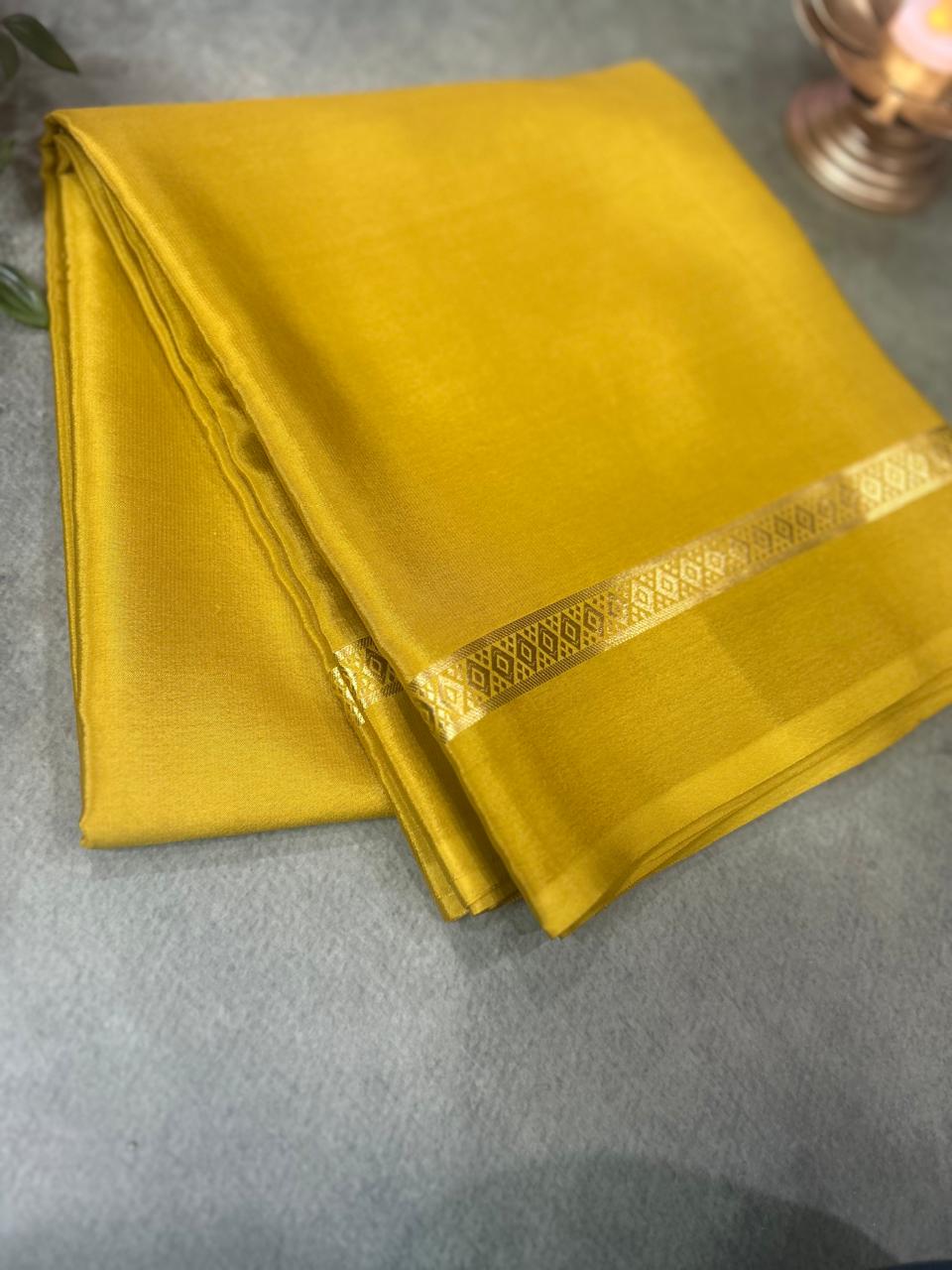 Dark yellow one inch-11 pure mysore crepe silk saree