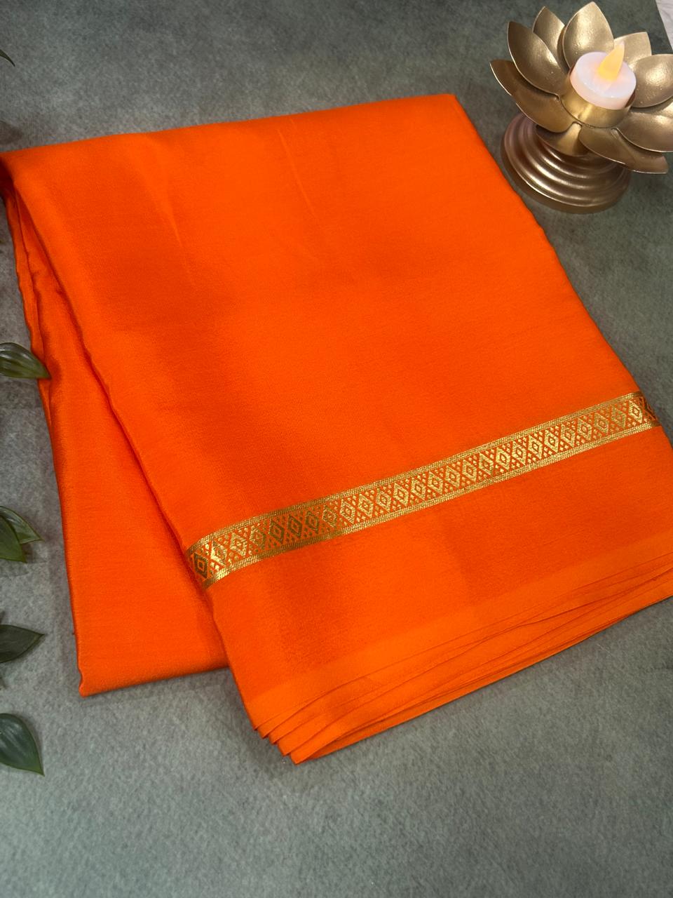 Orange one inch -11 pure mysore crepe silk saree