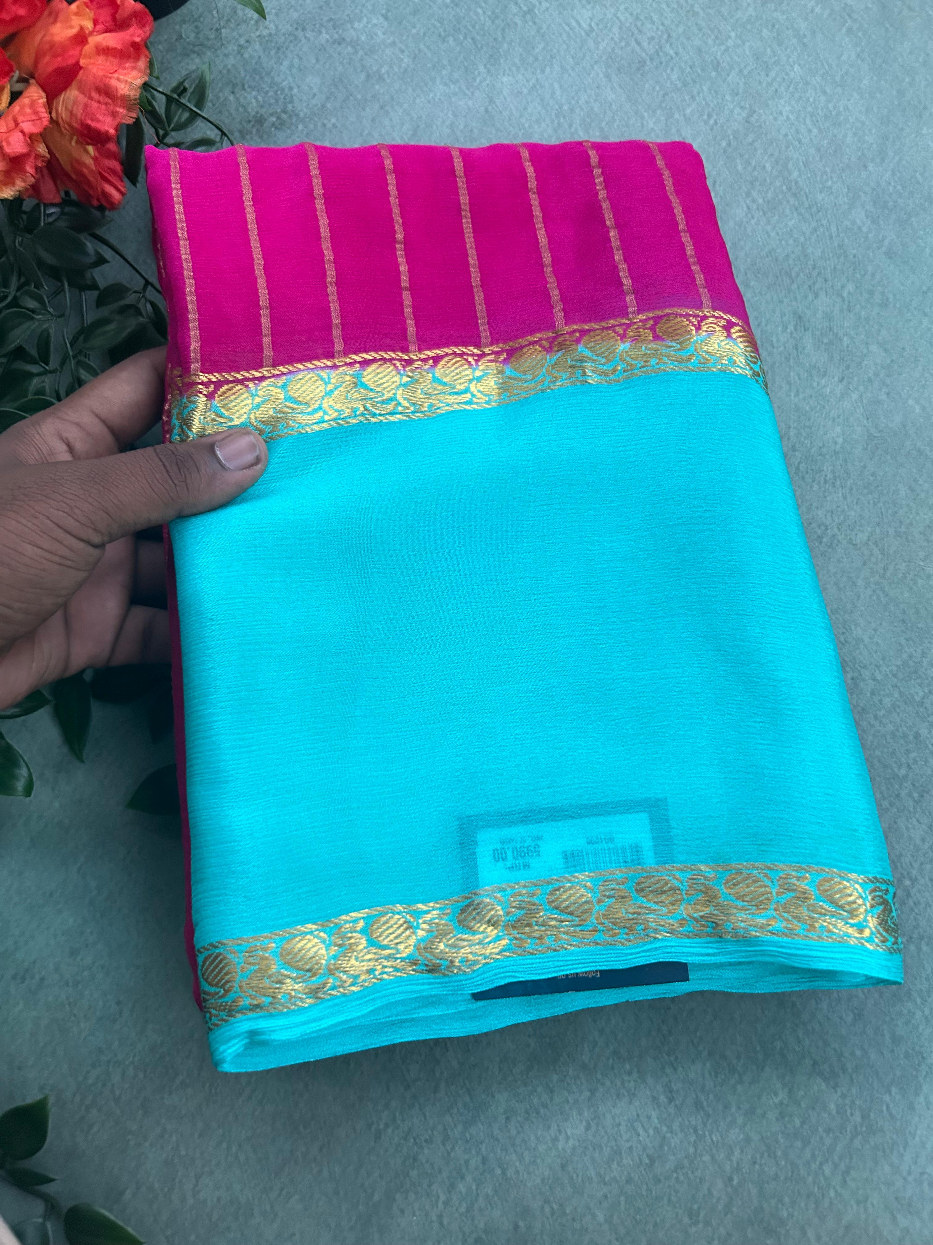 Rani pink n blue 11 pure wrinkle crepe silk saree
