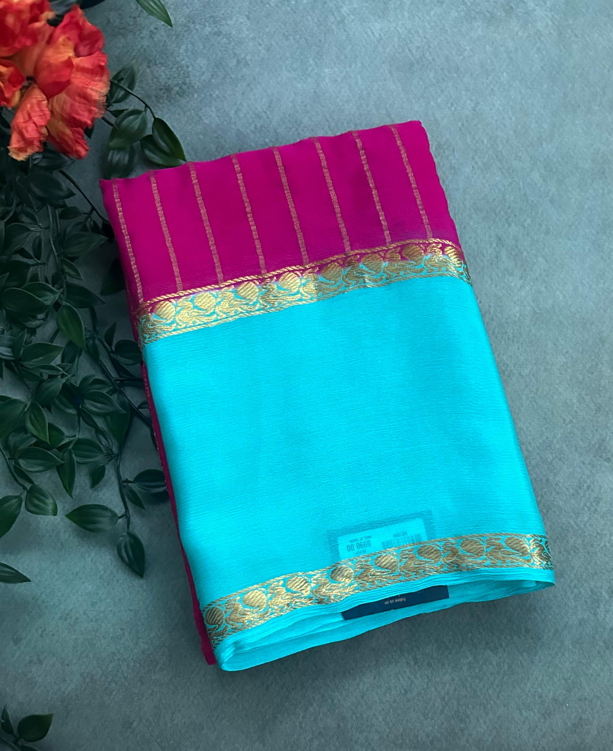 Rani pink n blue 11 pure wrinkle crepe silk saree