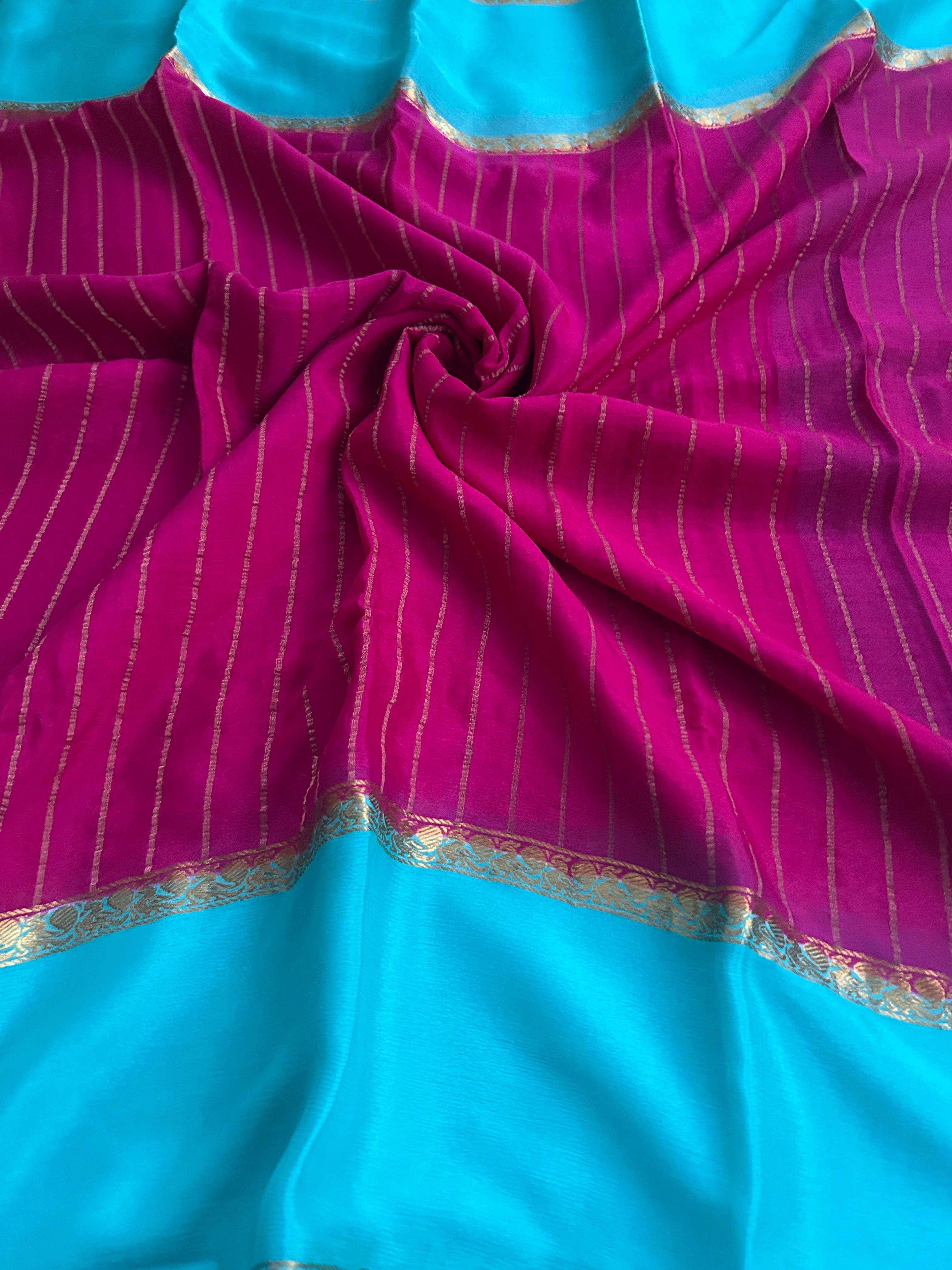 Rani pink n blue 11 pure wrinkle crepe silk saree