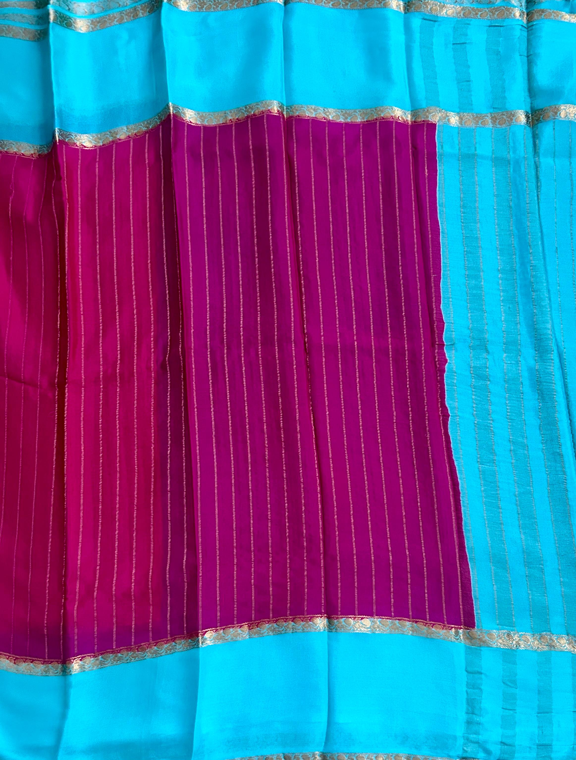 Rani pink n blue 11 pure wrinkle crepe silk saree
